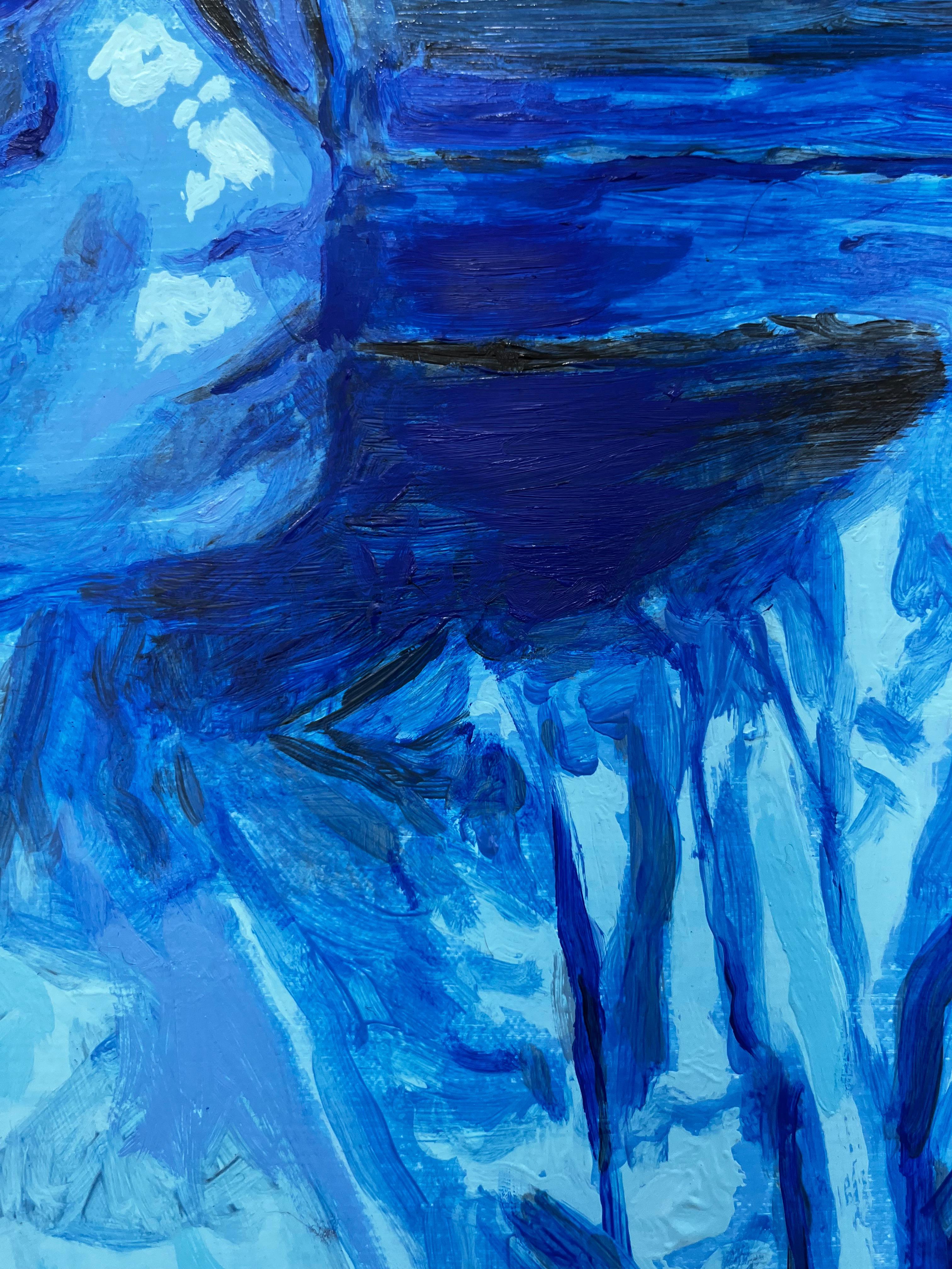 Using pure oil paint, which gives the artwork its unique texture, the artist manages to use two particularly difficult colors to work with: black and blue. In his composition, he creates the illusion that the painting will stir to life at any