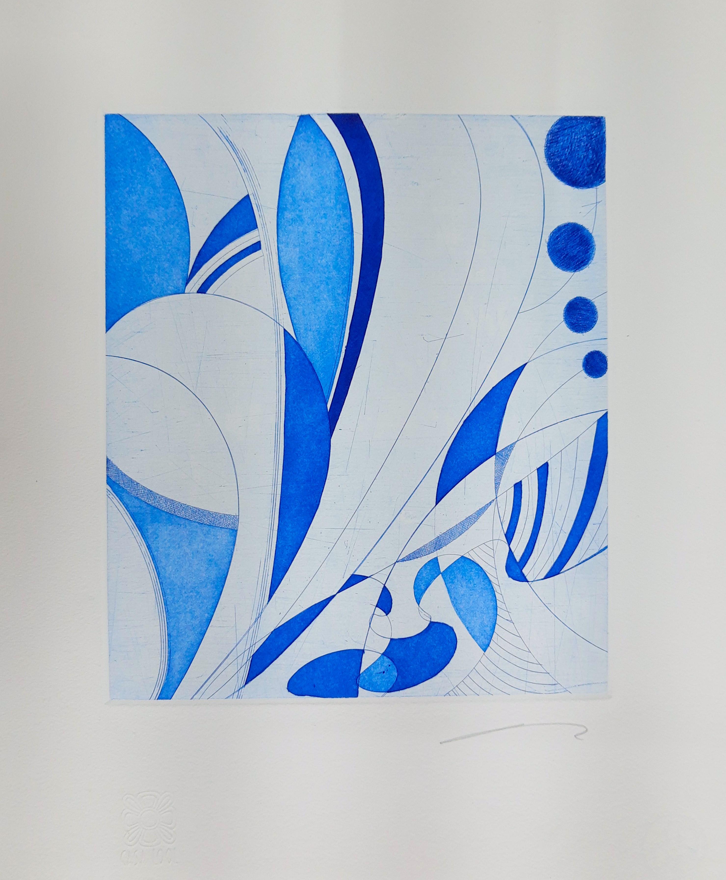 "Blue lines" contemporary engraving print abstract blue lines 