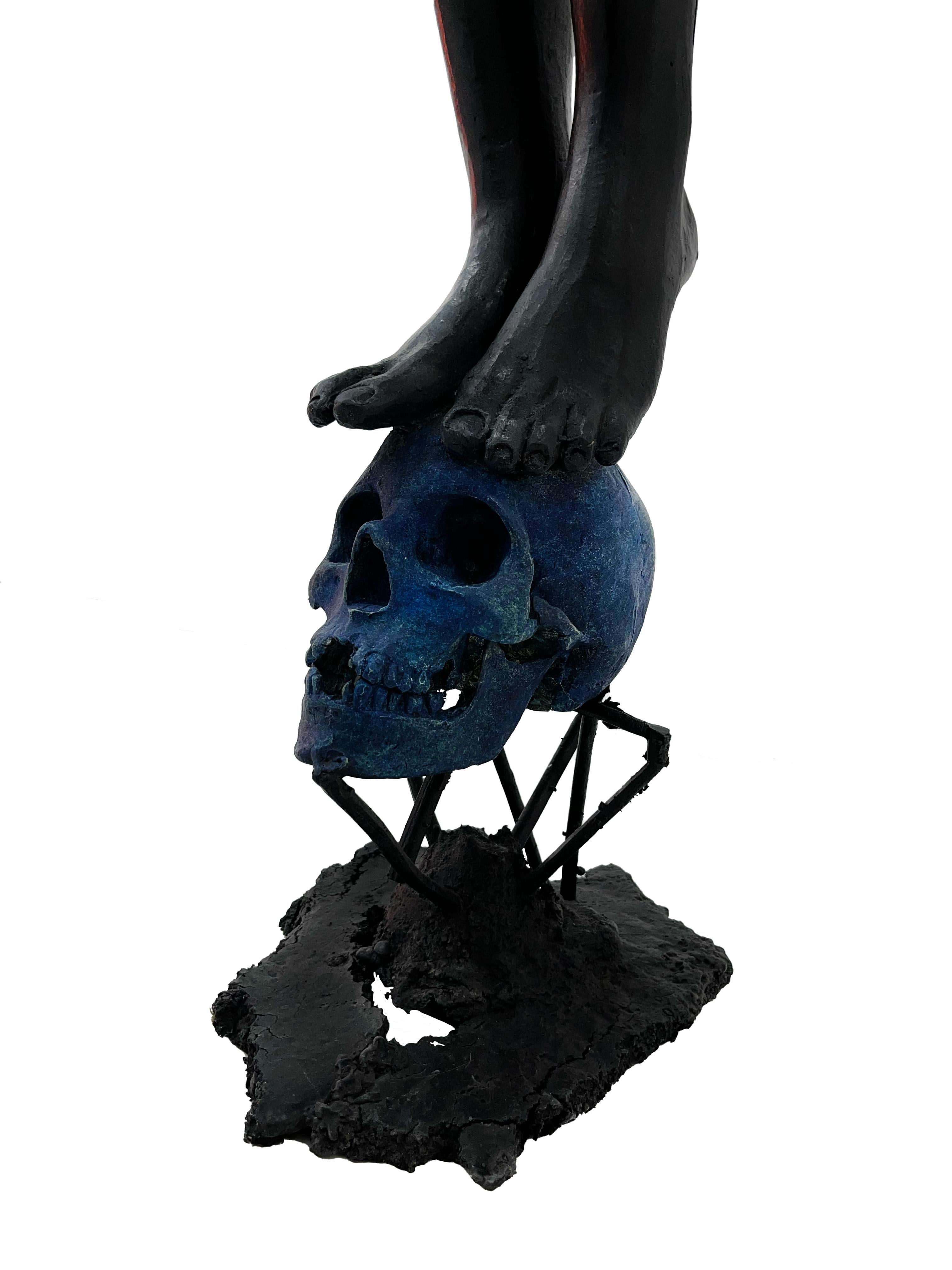 Untitled - pure bronze sculpture, life & death, human skull, woman, blue & black - Sculpture by Nicolás Guzmán