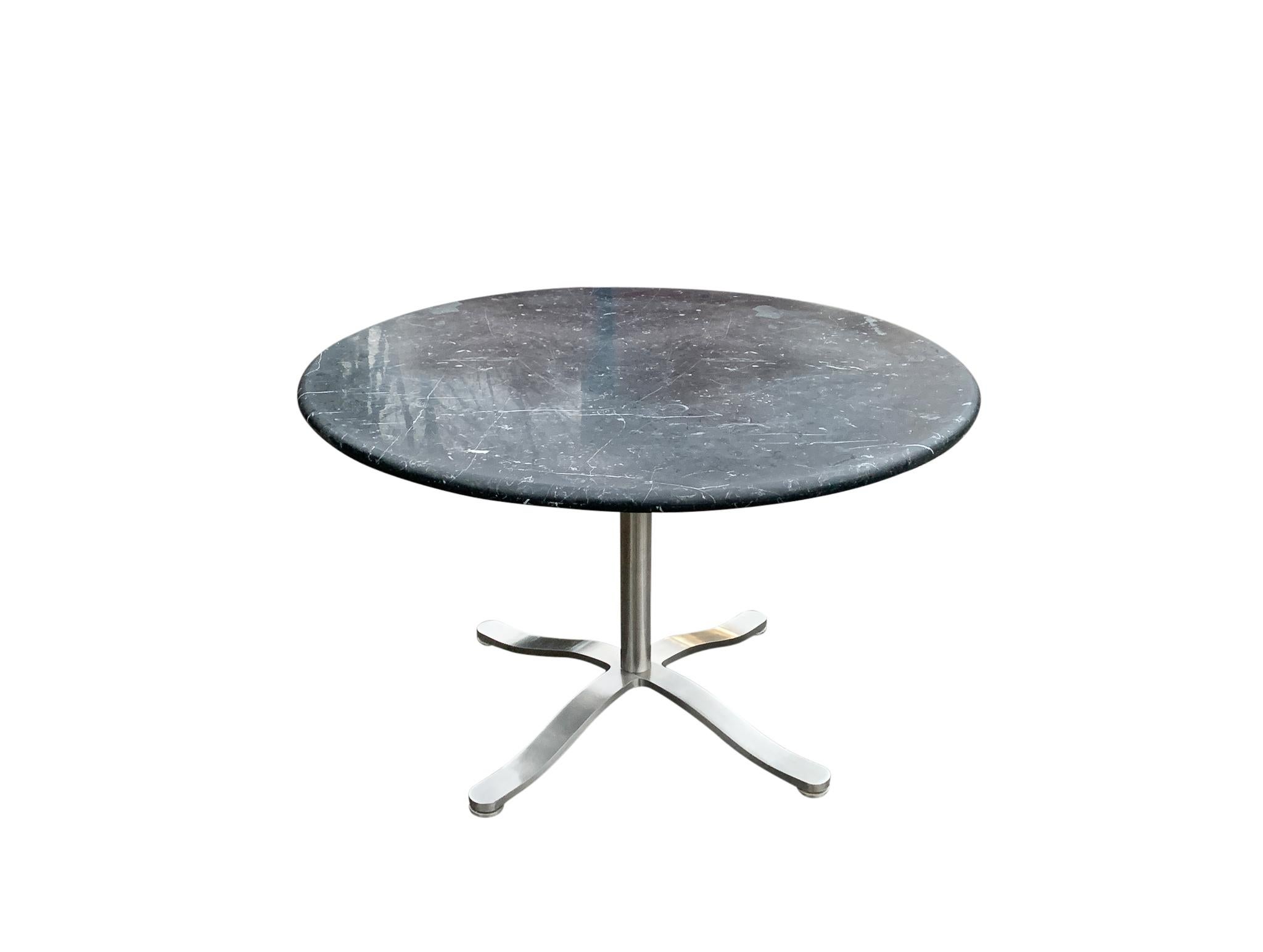 Mid-Century Modern Nicos Zographos Black & White Marble Round Dining Table Stainless Steel Base