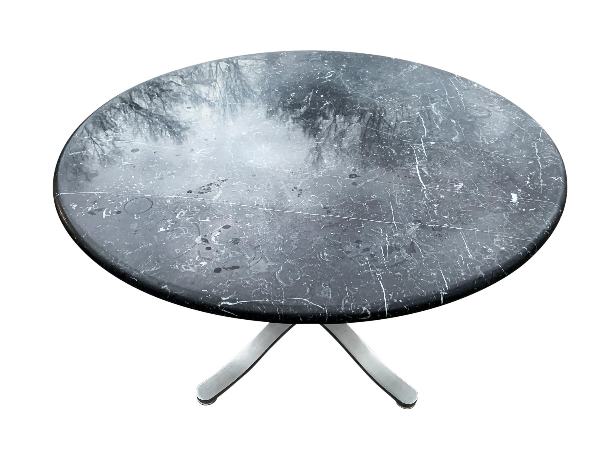 Mid-20th Century Nicos Zographos Black & White Marble Round Dining Table Stainless Steel Base