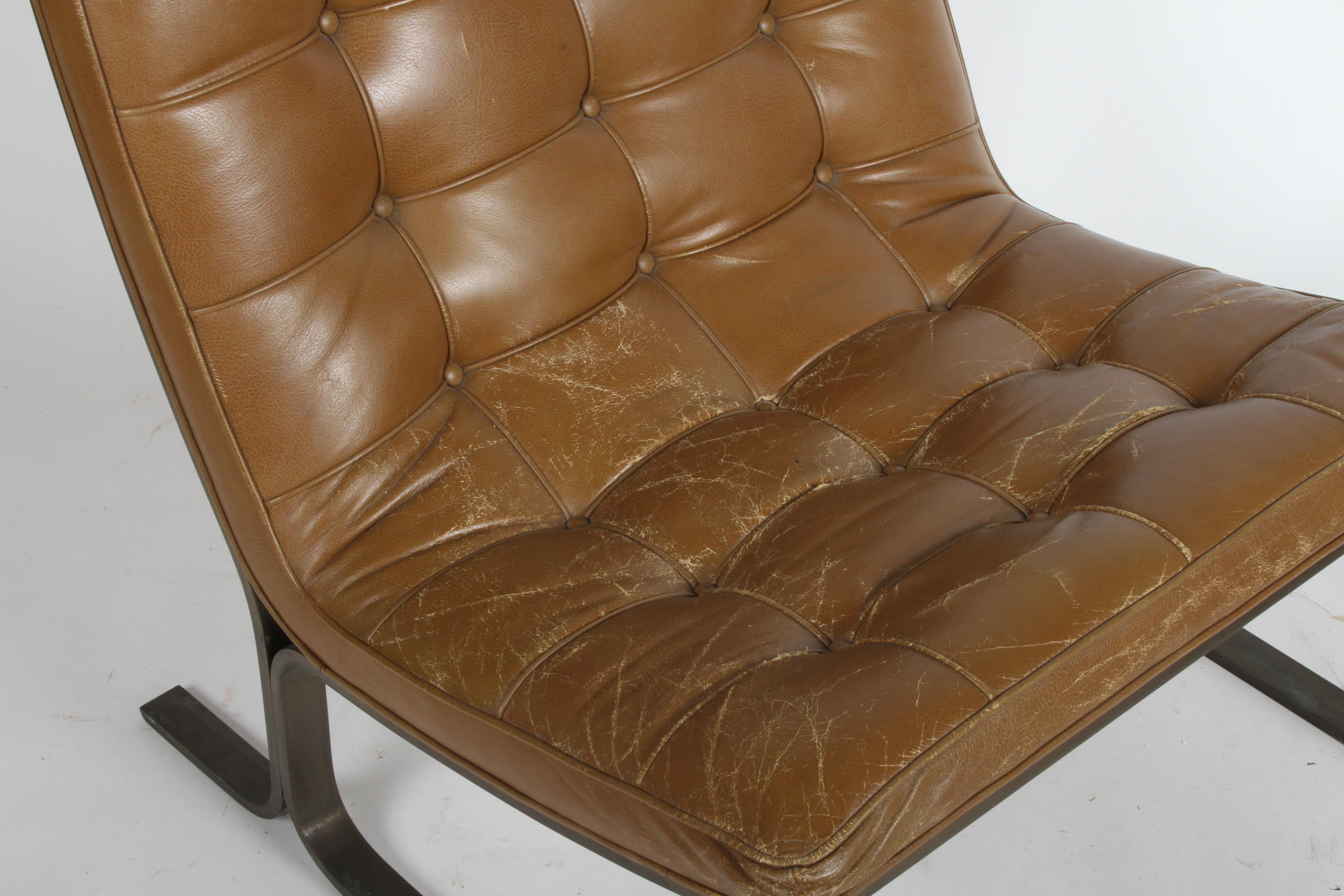 American Nicos Zographos Cantilever Bronze Base Lounge Chair CH28 in Carmel Leather For Sale