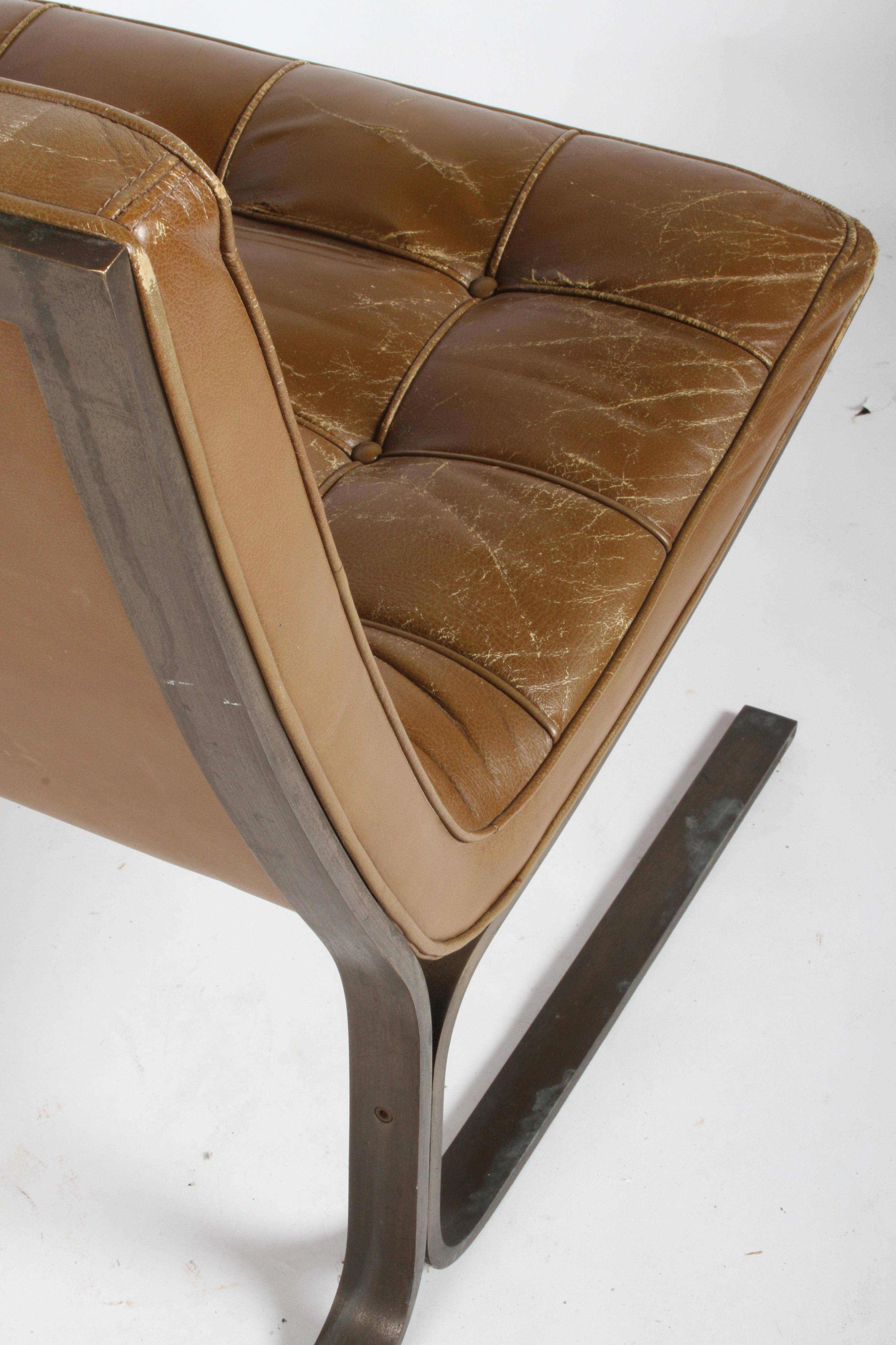 Mid-20th Century Nicos Zographos Cantilever Bronze Base Lounge Chair CH28 in Carmel Leather For Sale