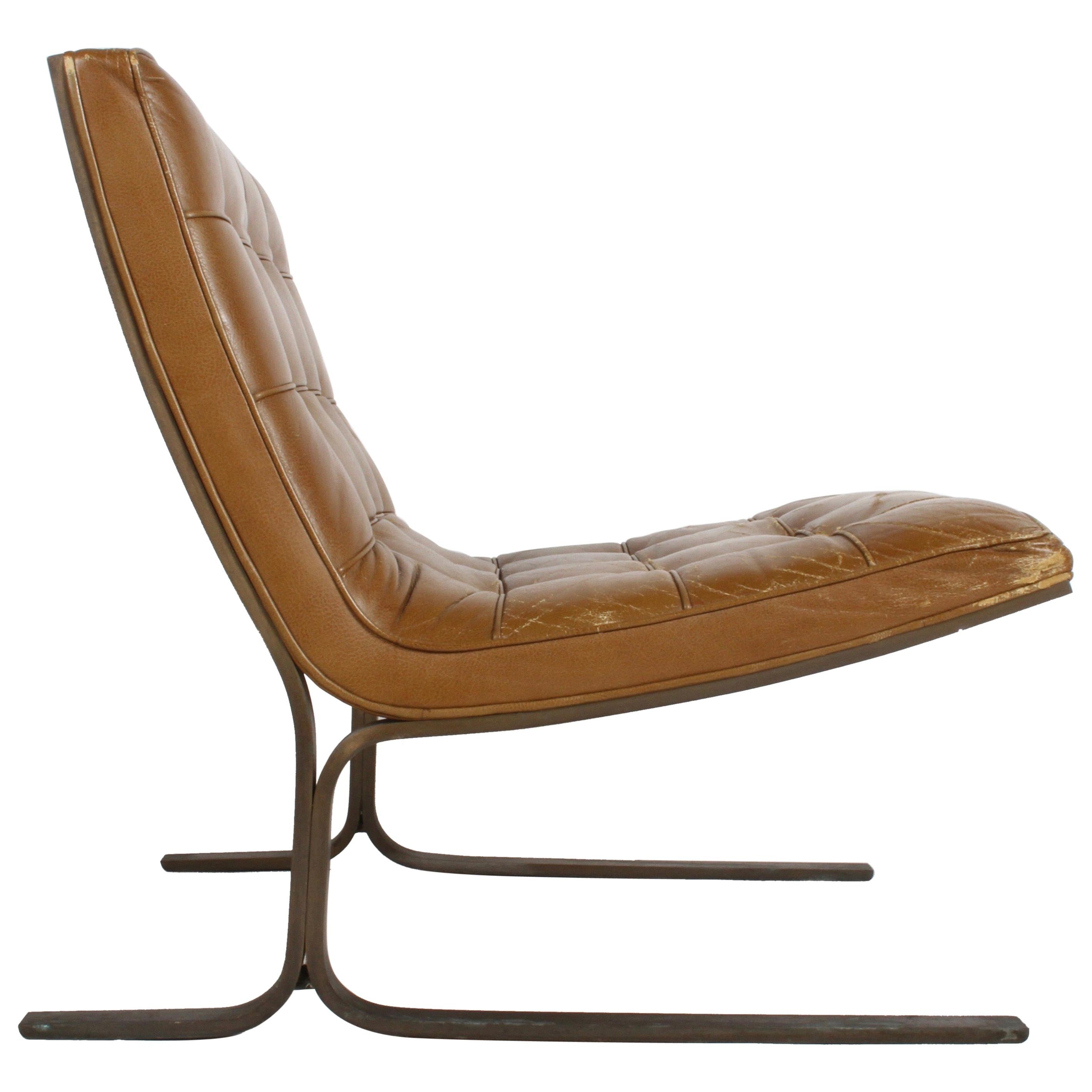 Nicos Zographos Cantilever Bronze Base Lounge Chair CH28 in Carmel Leather For Sale