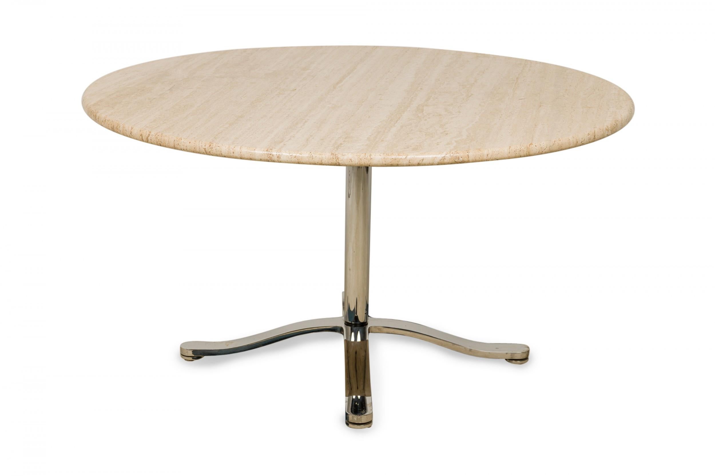 American Nicos Zographos Circular Travertine and Steel Dining Table For Sale