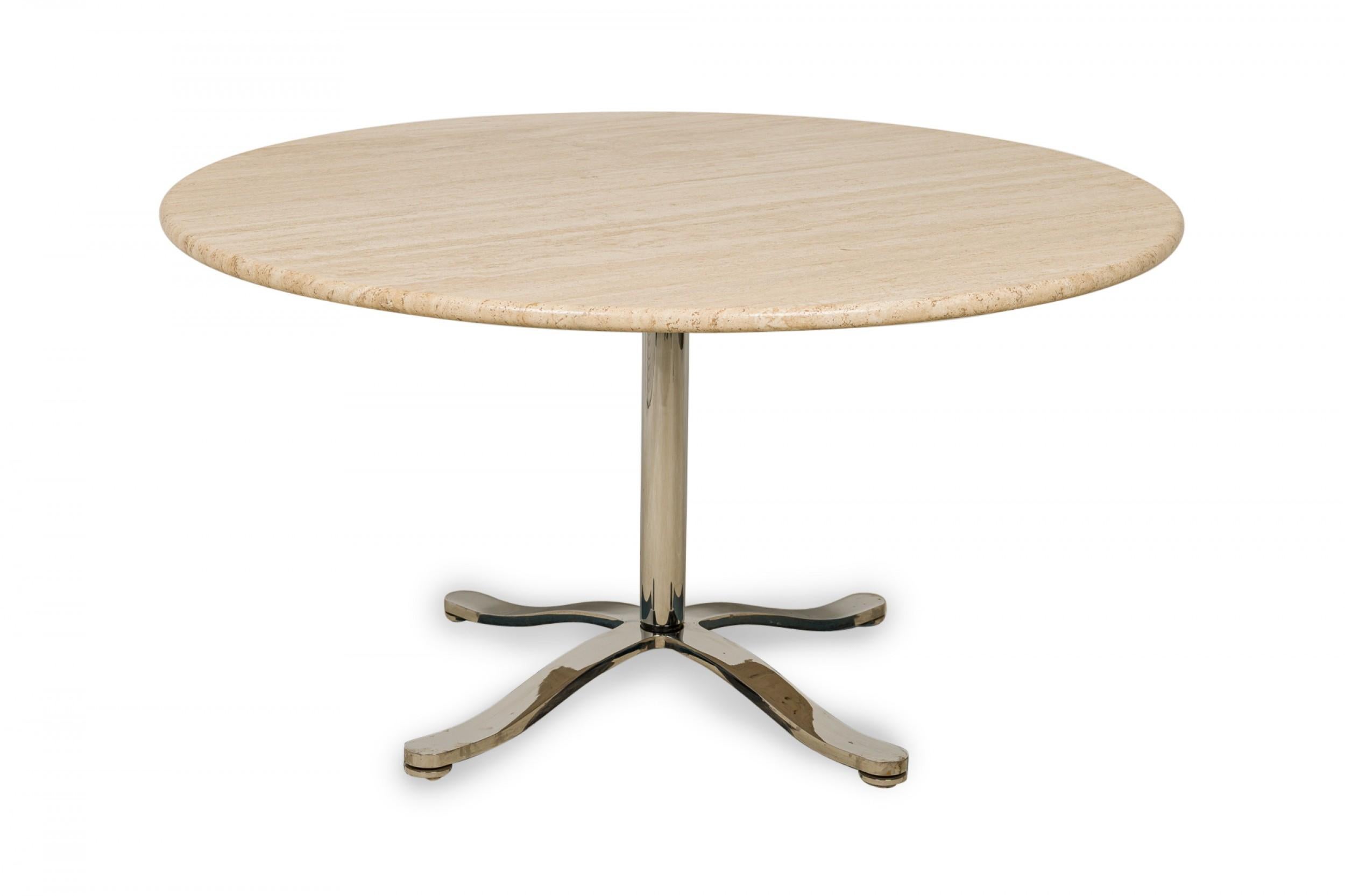 Nicos Zographos Circular Travertine and Steel Dining Table In Good Condition For Sale In New York, NY