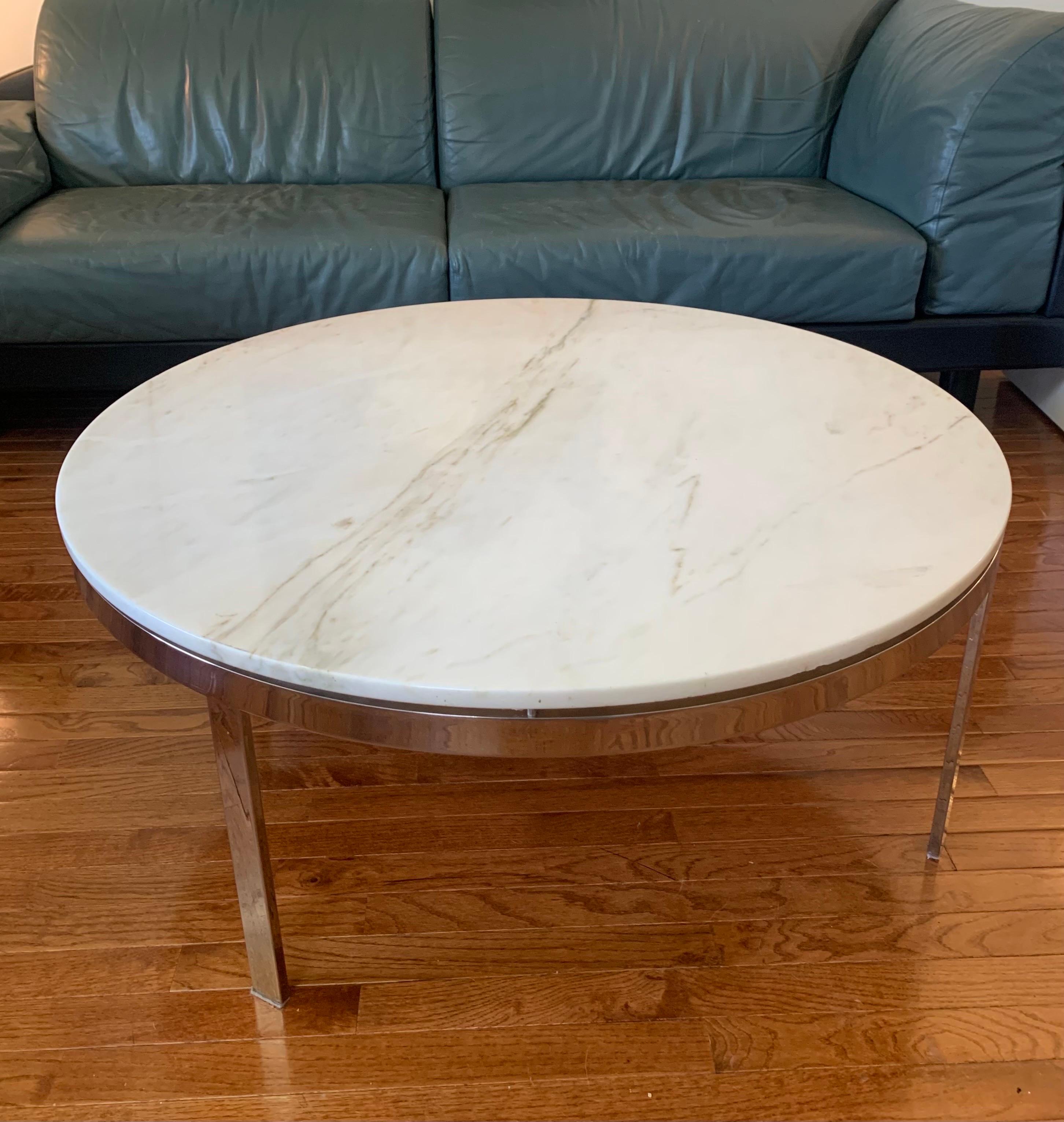 Late 20th Century Nicos Zographos Coffee Table in Polished Steel with Calacatta Oro Marble Top  For Sale