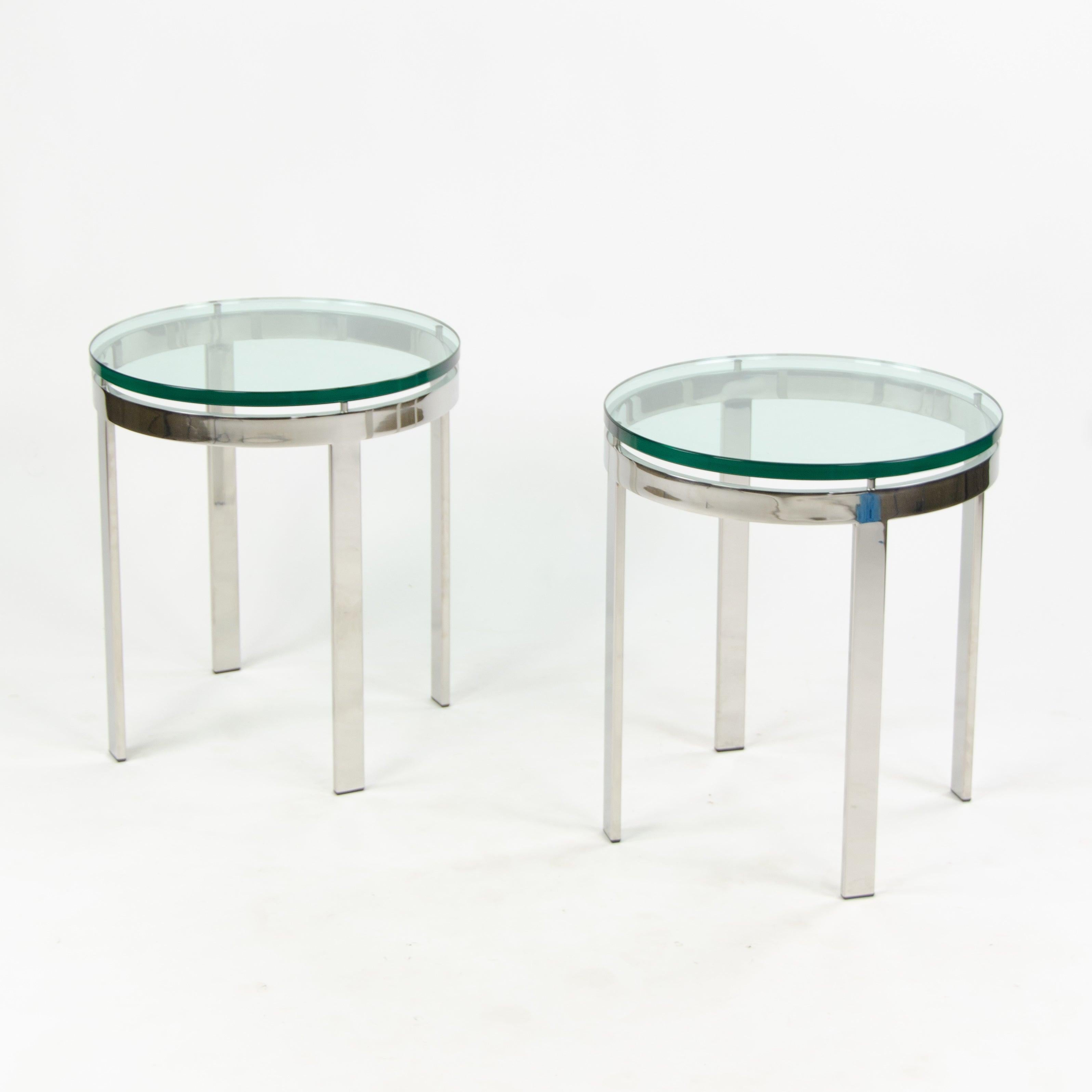 Listed for sale is a very rare grouping of original Nicos Zographos glass side tables, produced by Zographos Designs Limited. The renowned industrial designer became ahousehold name at Skidmore, Owings, and Merrill (SOM) during the late 1950's and
