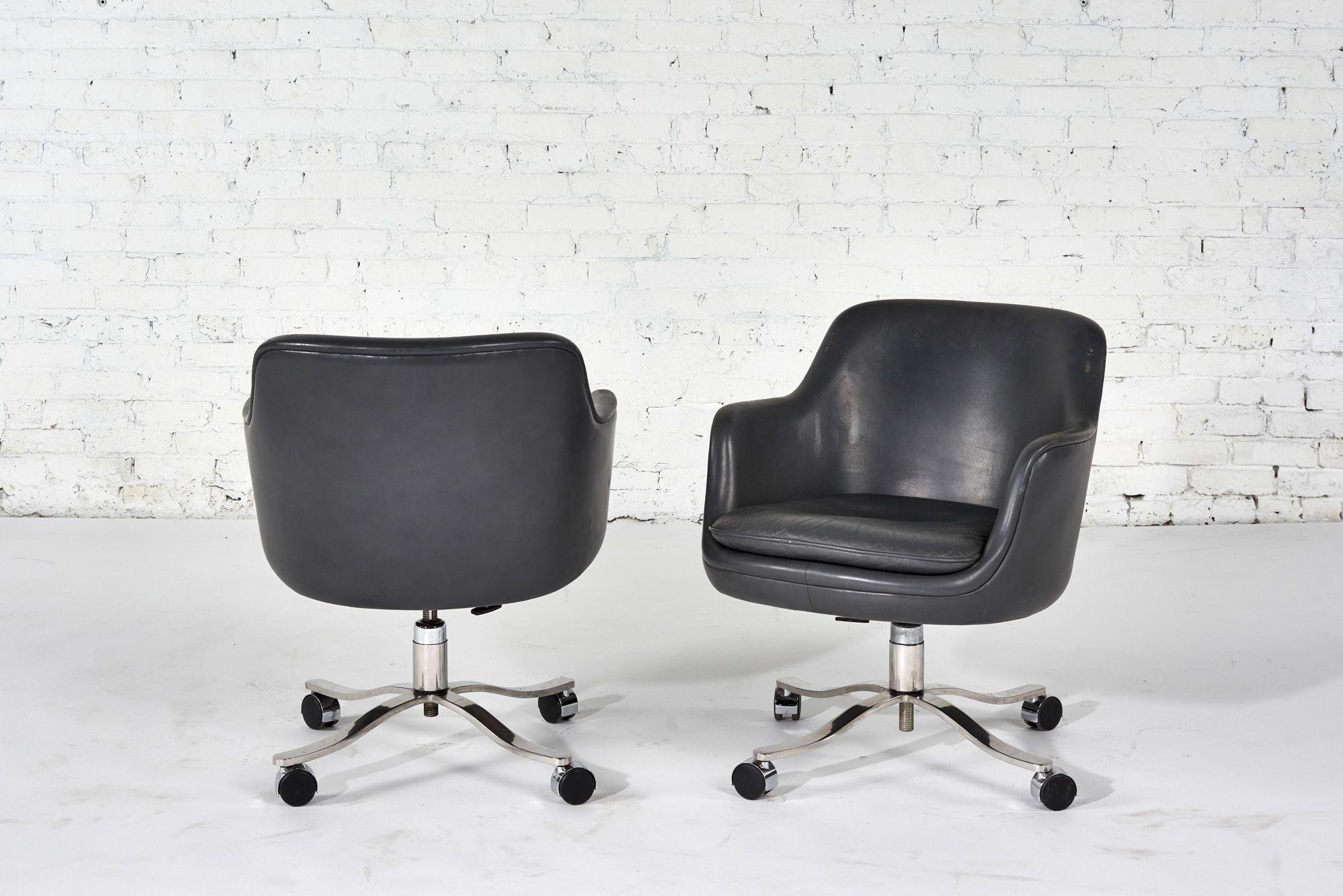 Stainless Steel Nicos Zographos Gray Leather Office/Desk Chairs, 1980 For Sale