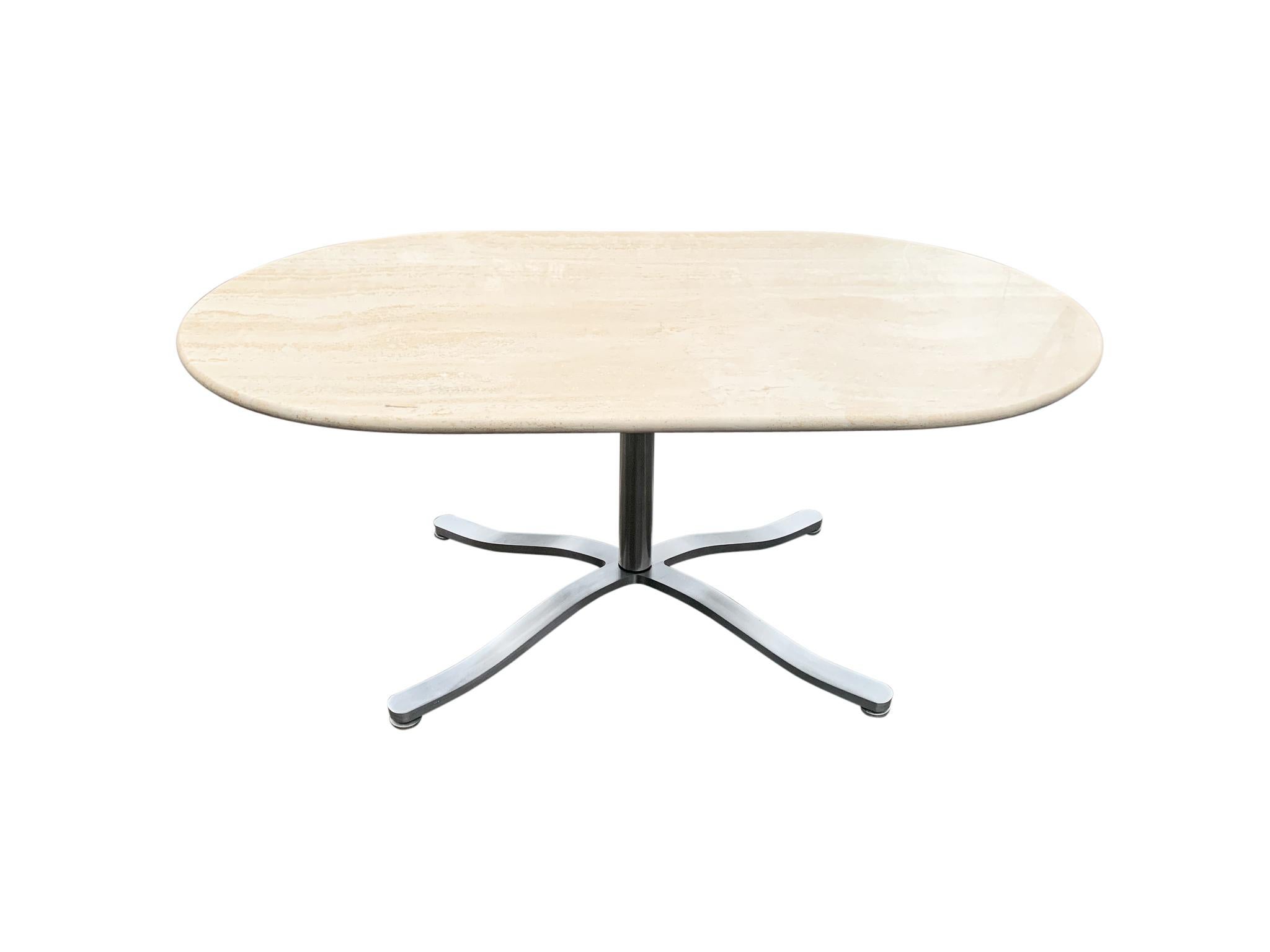 Mid-Century Modern Grande table de salle à manger ovale Nicos Zographos en marbre travertin et acier inoxydable MCM en vente