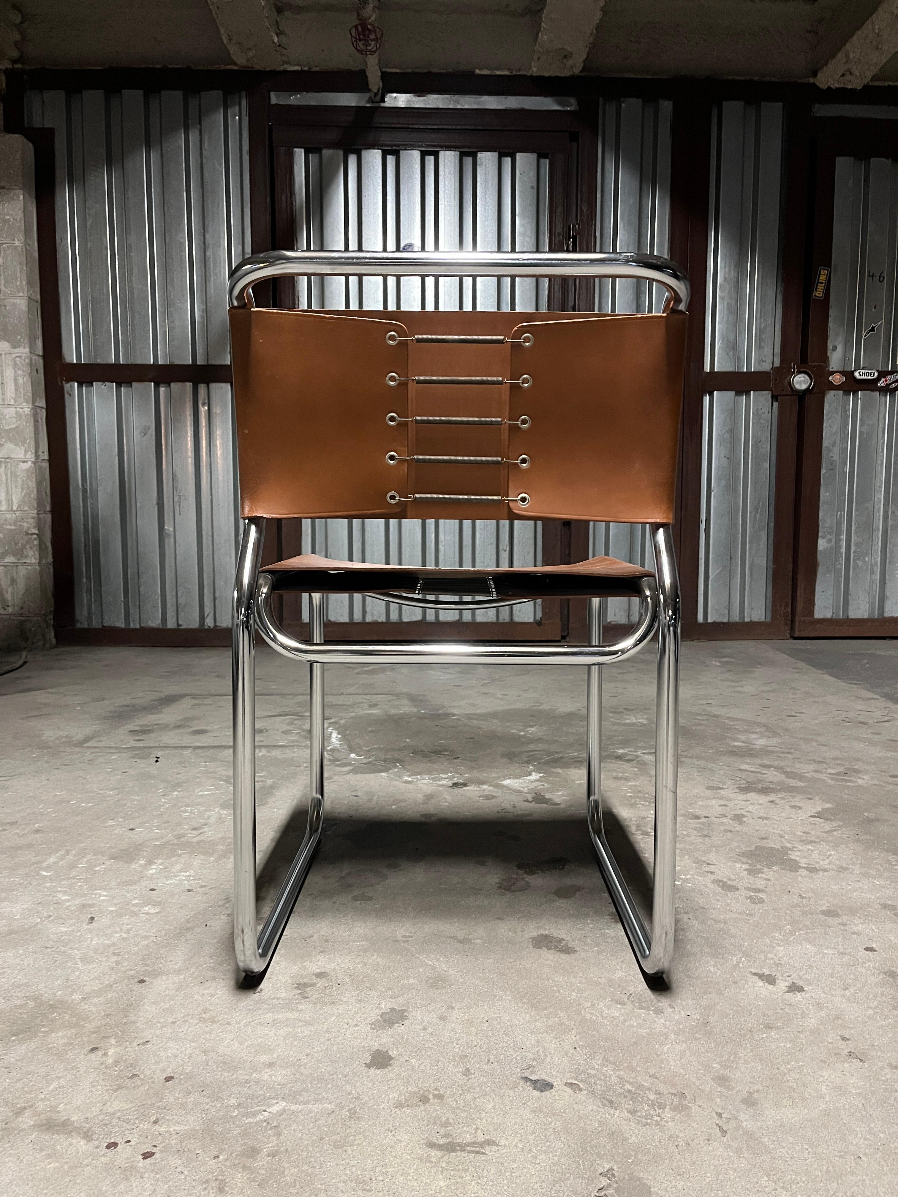 Nicos Zographos Pair of Leather and Steel Cantilevered Side Chairs Model Ch66 19 3