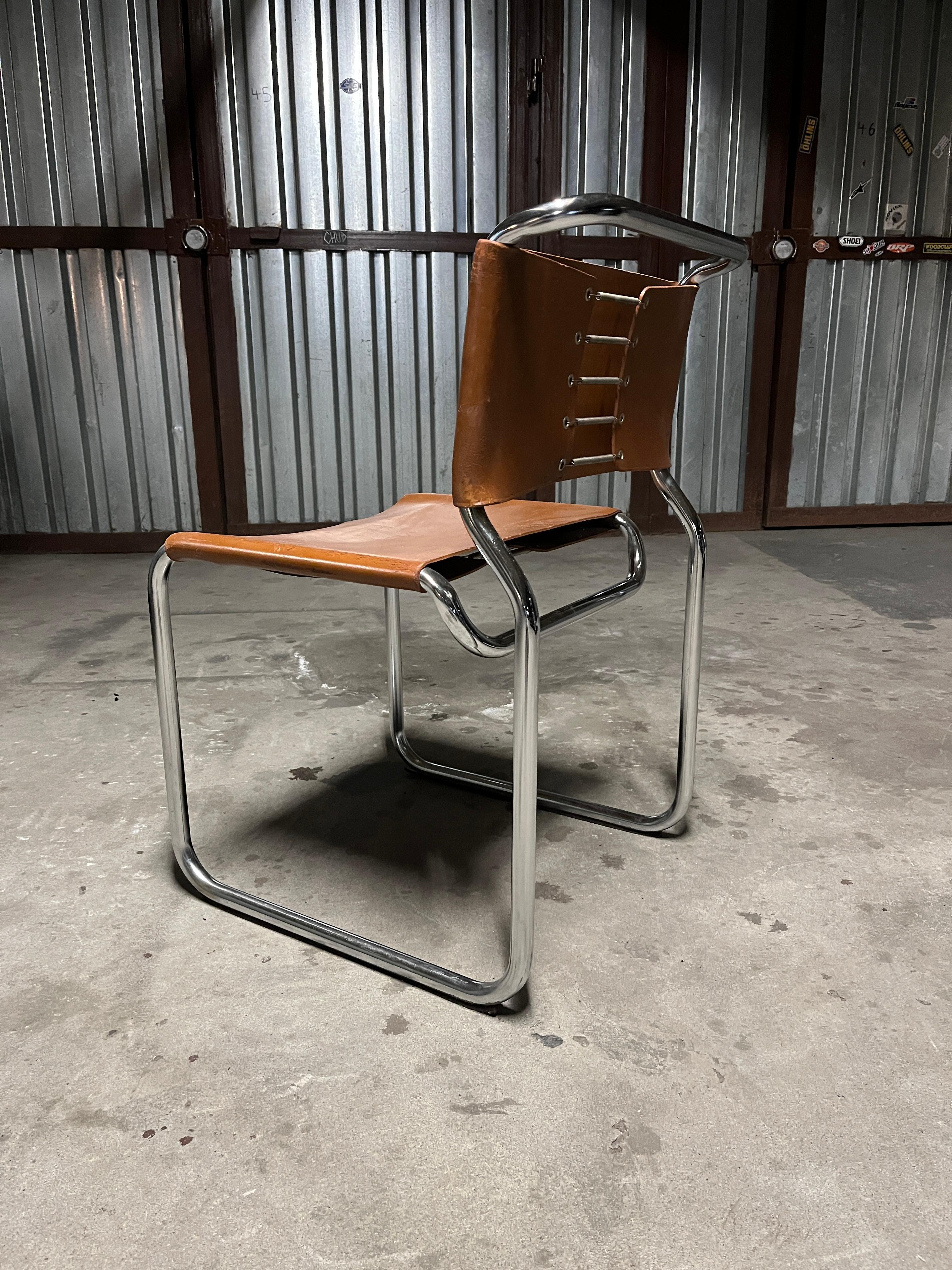 Nicos Zographos Pair of Leather and Steel Cantilevered Side Chairs Model Ch66 19 4