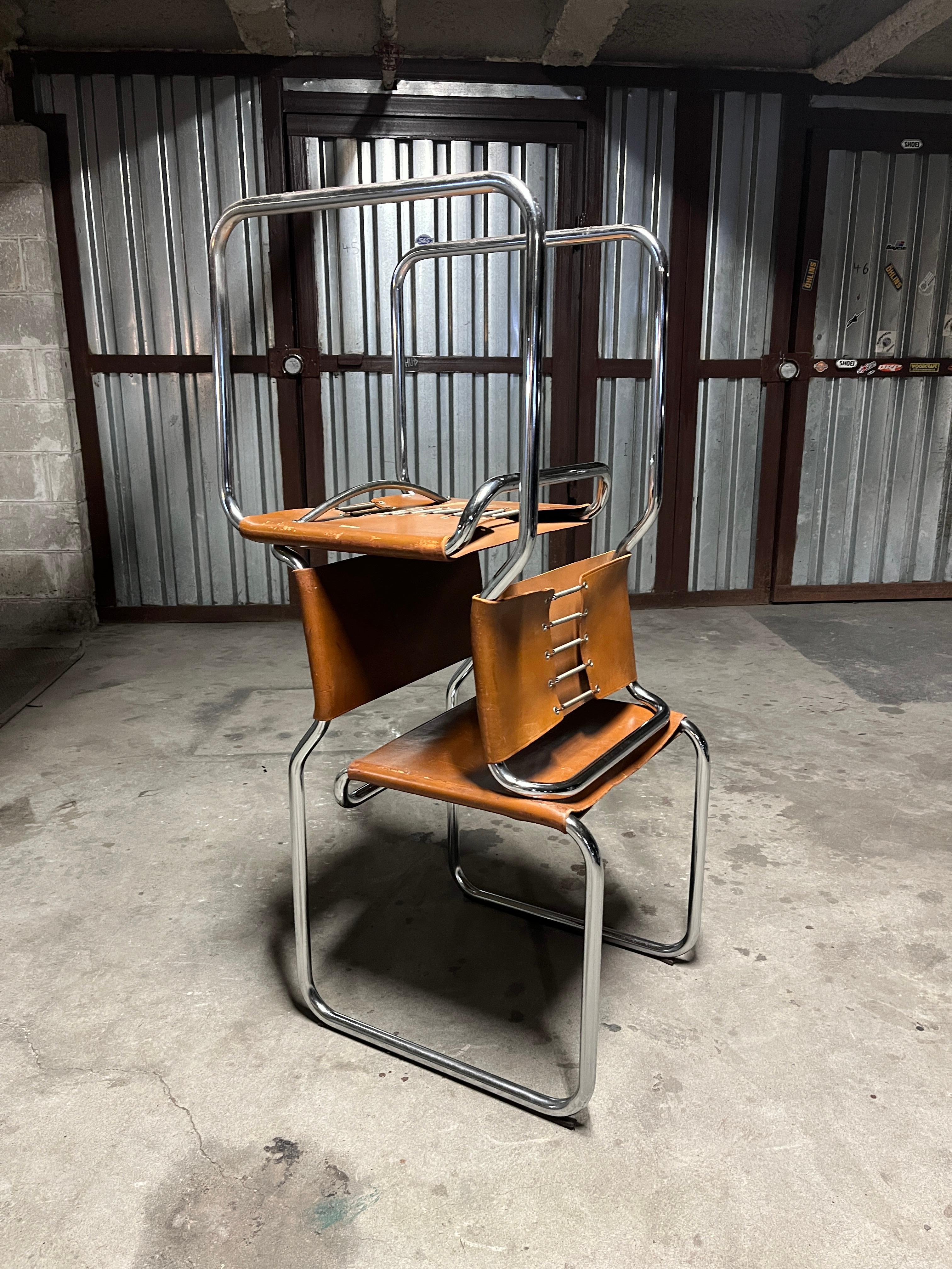 Nicos Zographos Pair of Leather and Steel Cantilevered Side Chairs Model Ch66 19 5