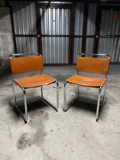 Nicos Zographos Pair of Leather and Steel Cantilevered Side Chairs Model Ch66 19