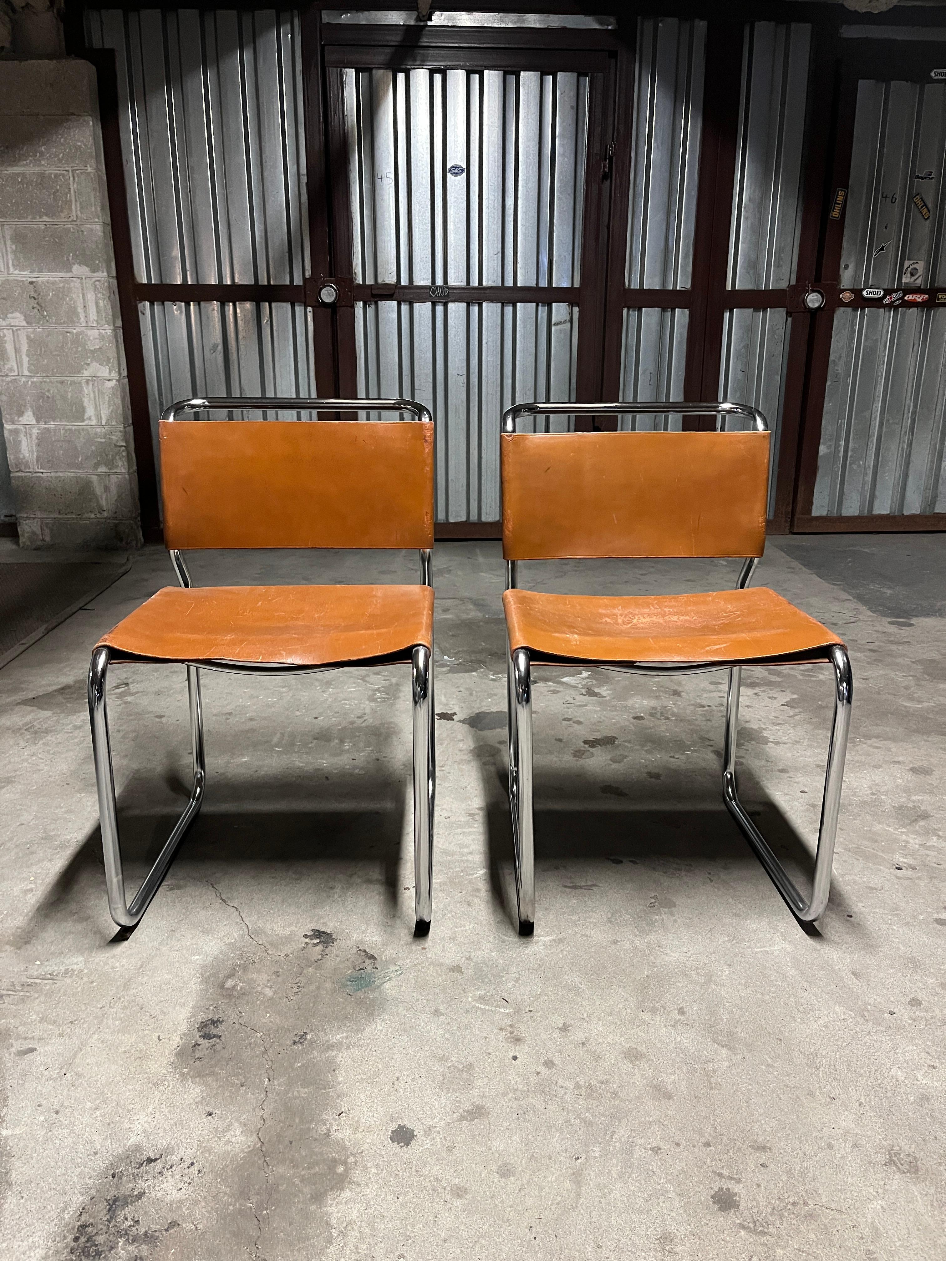 Mid-Century Modern Nicos Zographos Pair of Leather and Steel Cantilevered Side Chairs Model Ch66 19