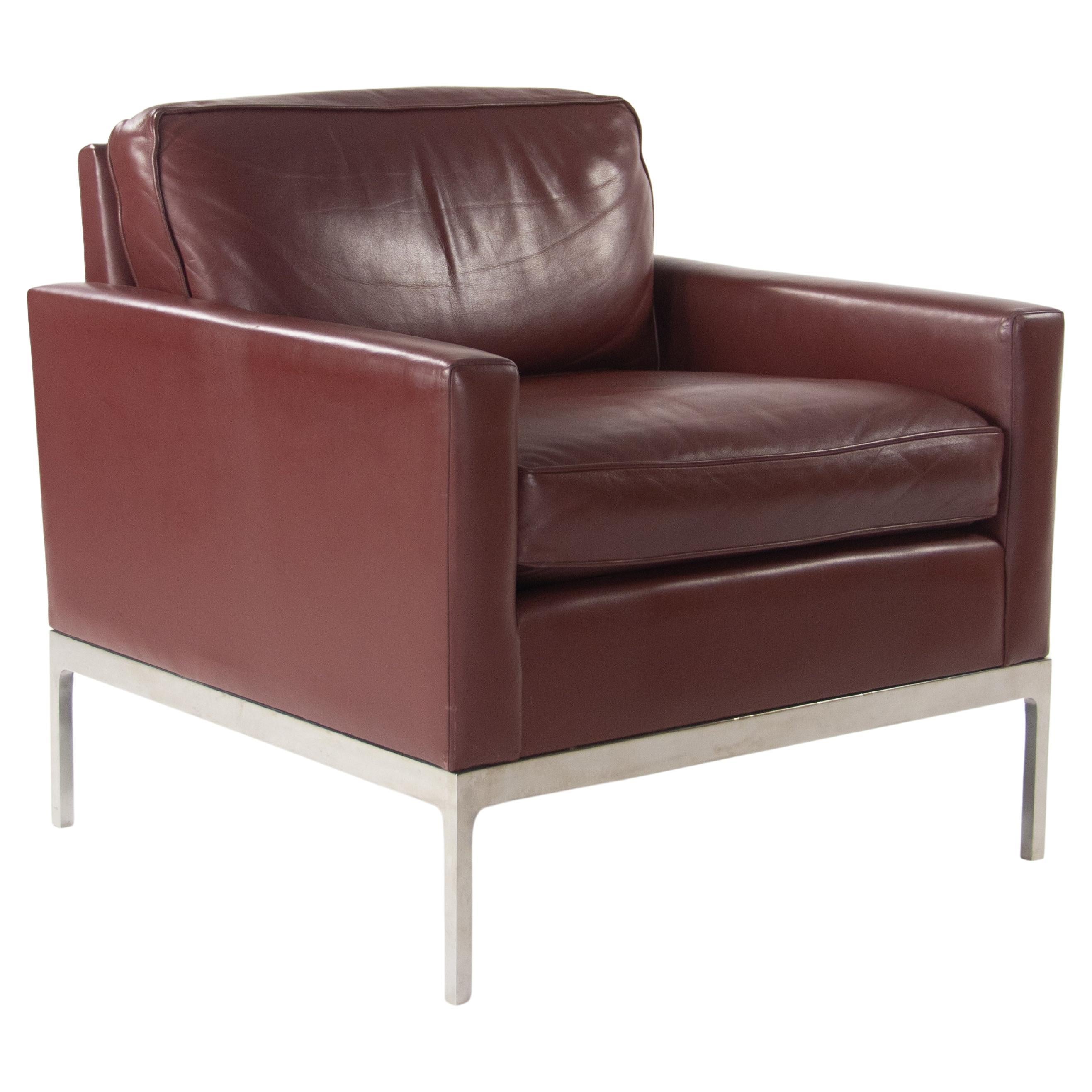 Nicos Zographos Red Leather 70 Club Chair Armchair with Polished Stainless Legs For Sale