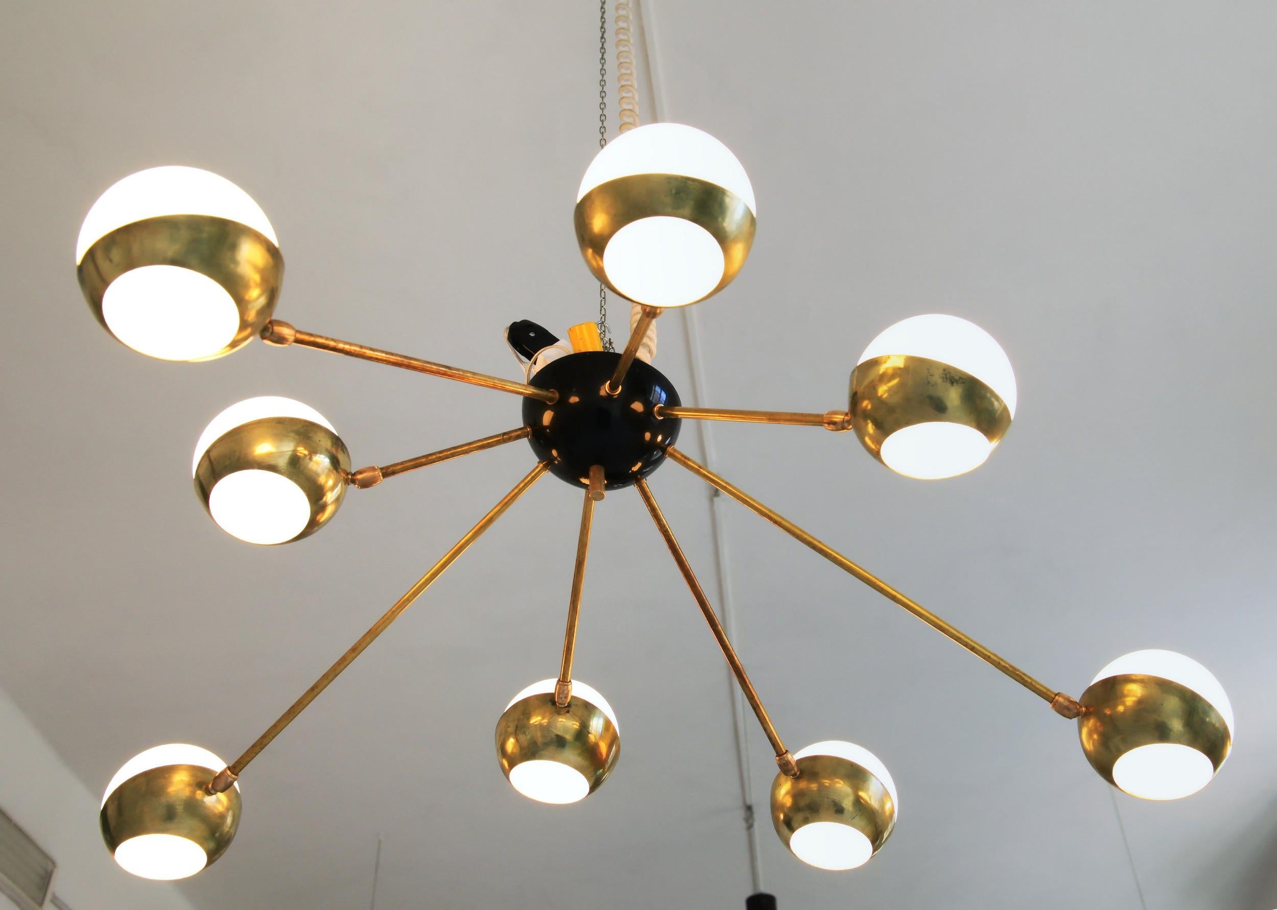 Italian Nido Asymmetrical Flush Mount Brass Glass Chandelier, Low Ceiling Best, 8 shades