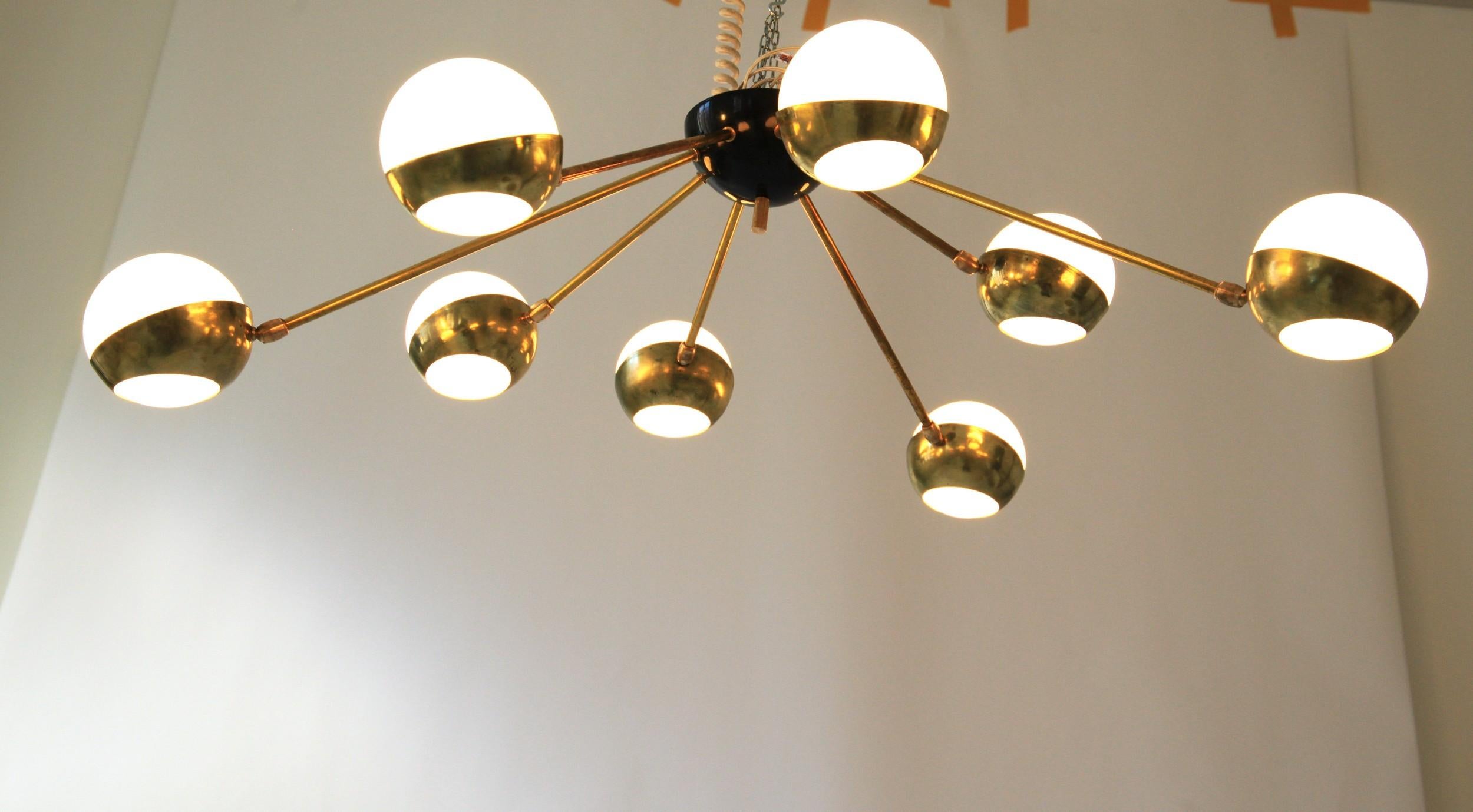 Mid-Century Modern Nido, Flush Mount Brass and Glass Chandelier 8 Arms, Low Ceiling Best, Free Ship For Sale