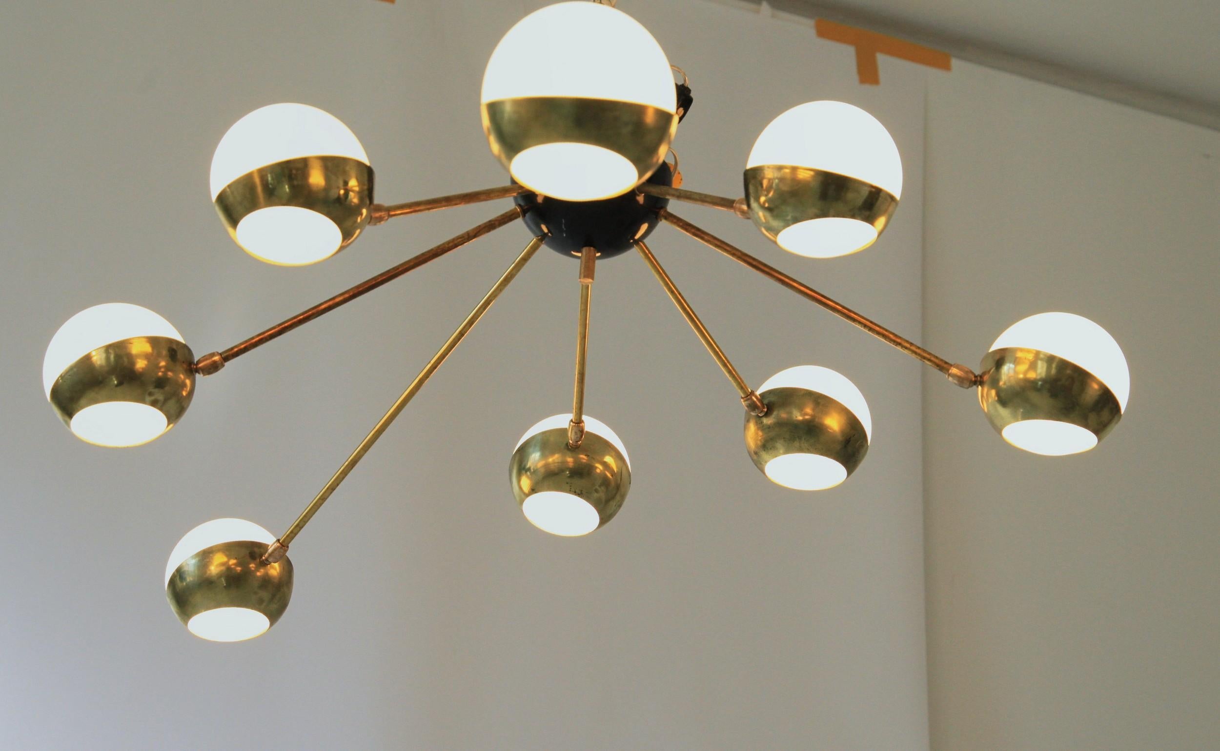 Metal Nido, Flush Mount Brass and Glass Chandelier 8 Arms, Low Ceiling Best, Free Ship For Sale