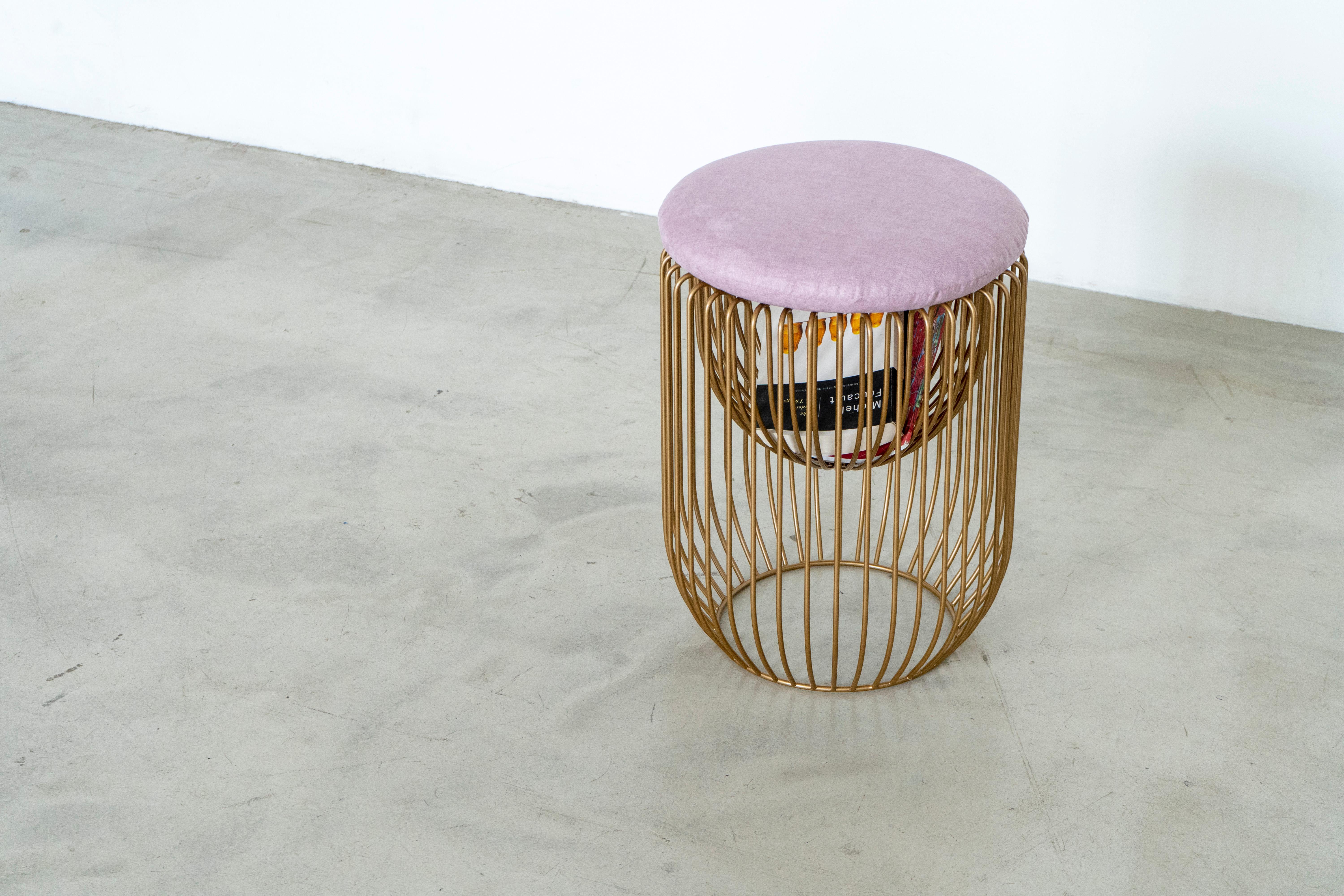 Contemporary Nido Stool with Upholstered Pillow in Pink
