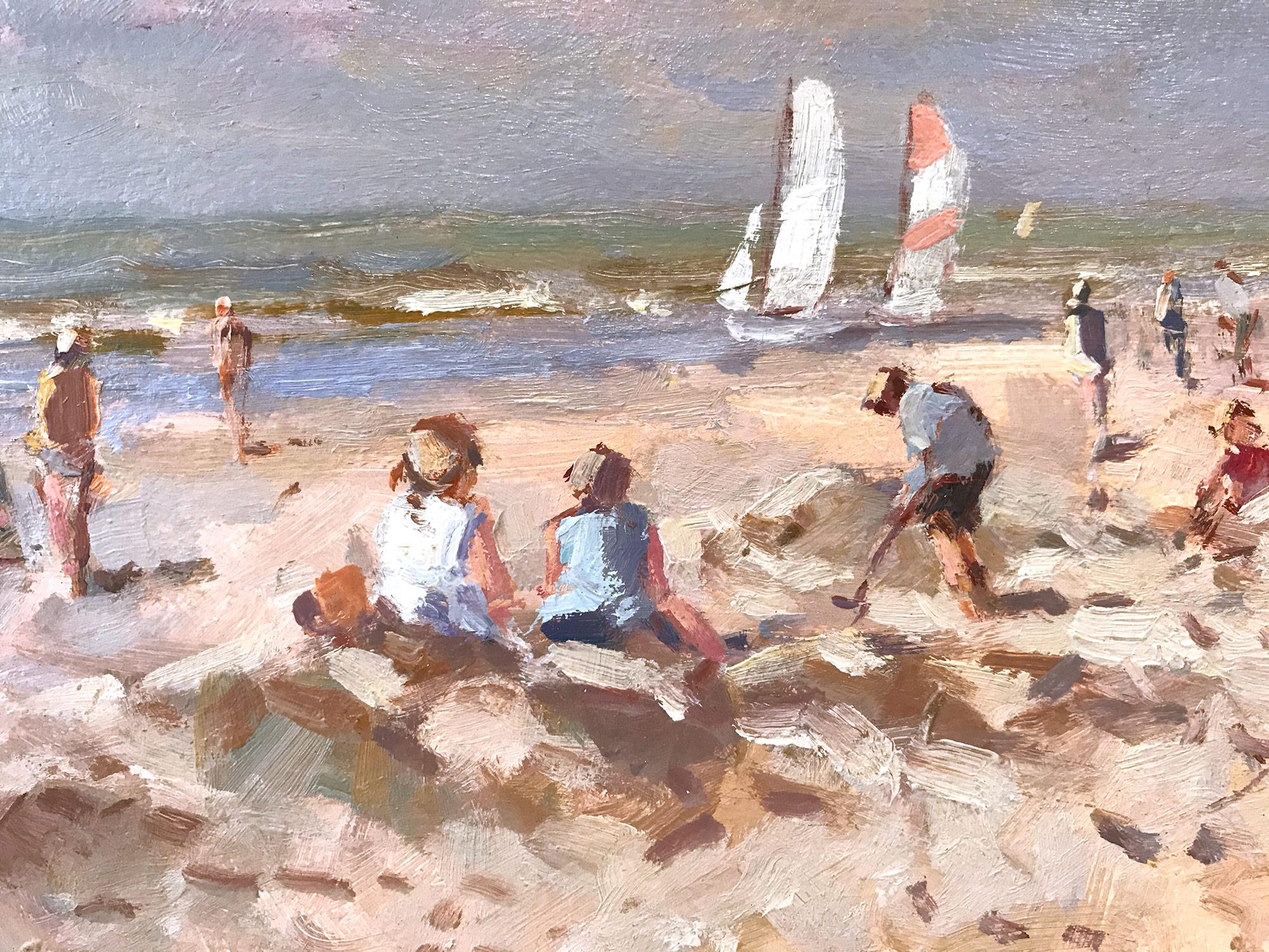 Impressionistische Szene „A Day at the Beach“ mit Segelbooten und Figuren, Gemälde (Post-Impressionismus), Painting, von Niek van der Plas