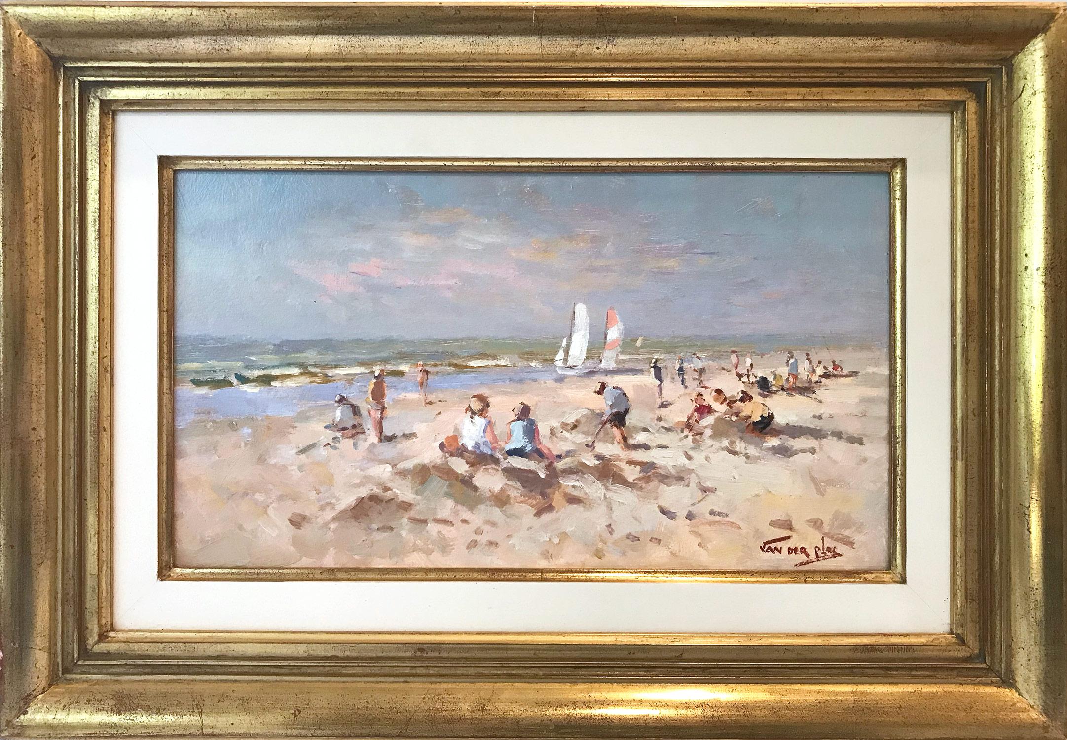 "A Day at the Beach" Impressionist Scene with Sail Boats and Figures Painting