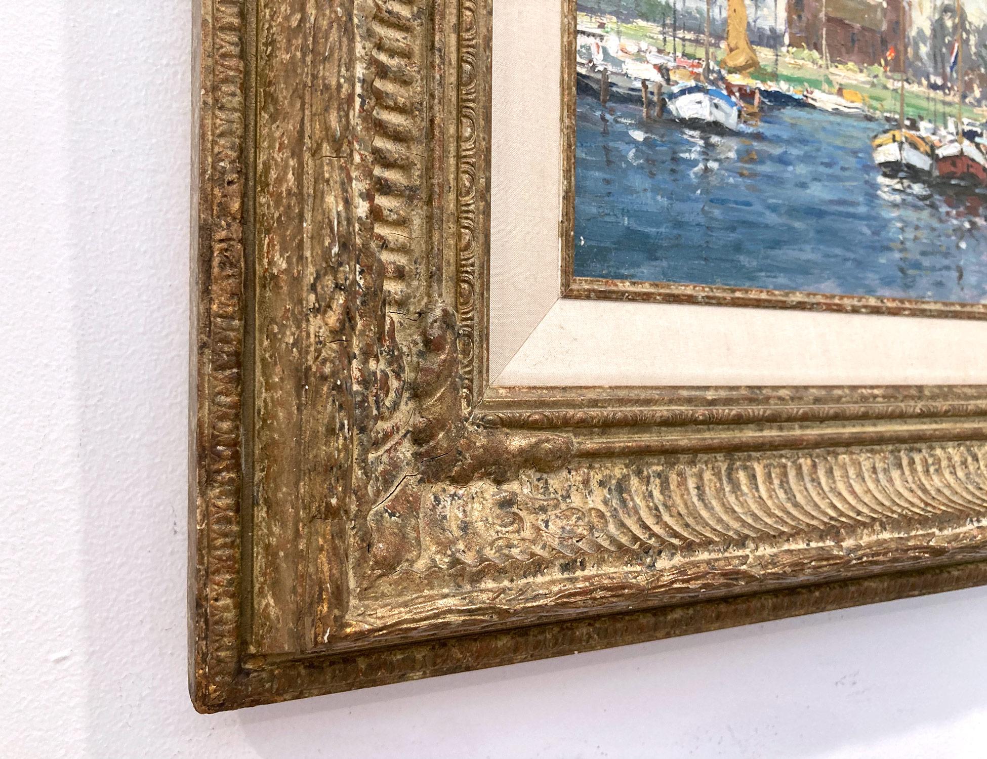 Peinture à l'huile impressionniste deven van Muiden représentant des personnages et des bateaux à Marina en vente 7