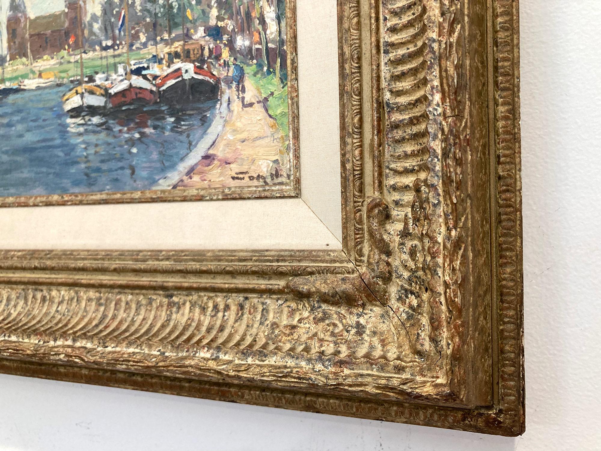 Peinture à l'huile impressionniste deven van Muiden représentant des personnages et des bateaux à Marina en vente 9