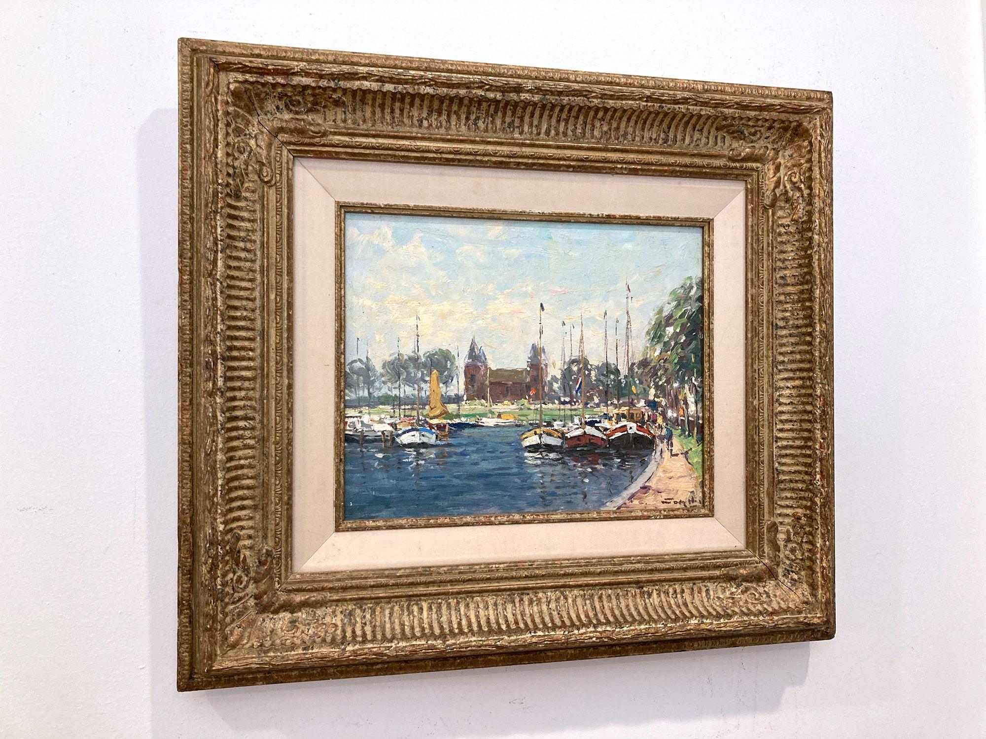 Peinture à l'huile impressionniste deven van Muiden représentant des personnages et des bateaux à Marina en vente 11