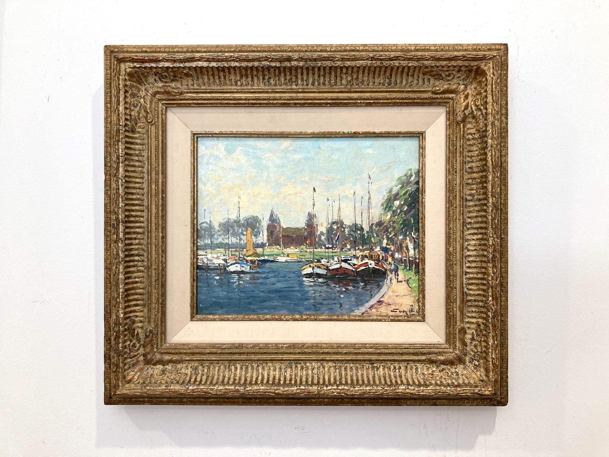 Peinture à l'huile impressionniste deven van Muiden représentant des personnages et des bateaux à Marina en vente 12