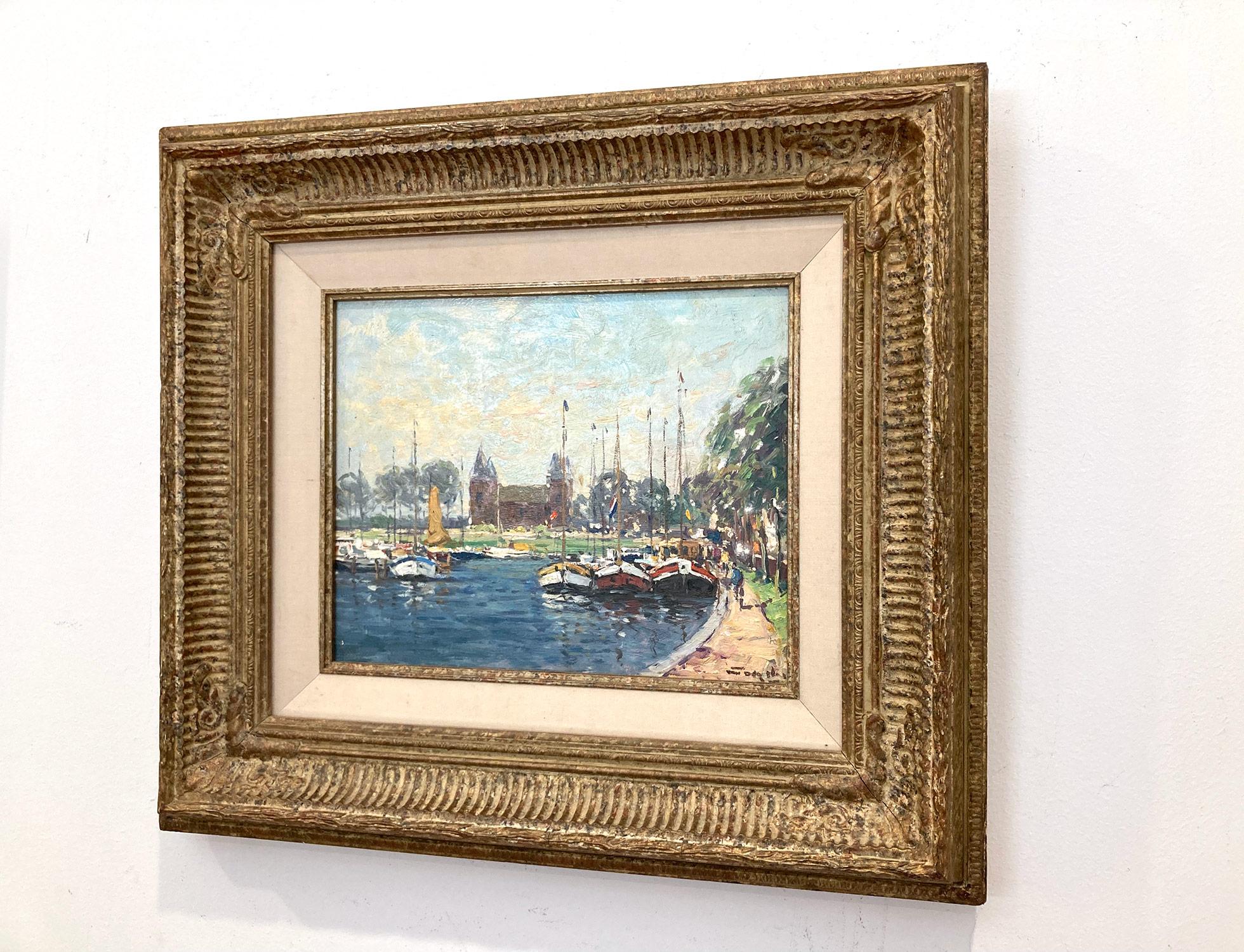 Peinture à l'huile impressionniste deven van Muiden représentant des personnages et des bateaux à Marina en vente 13