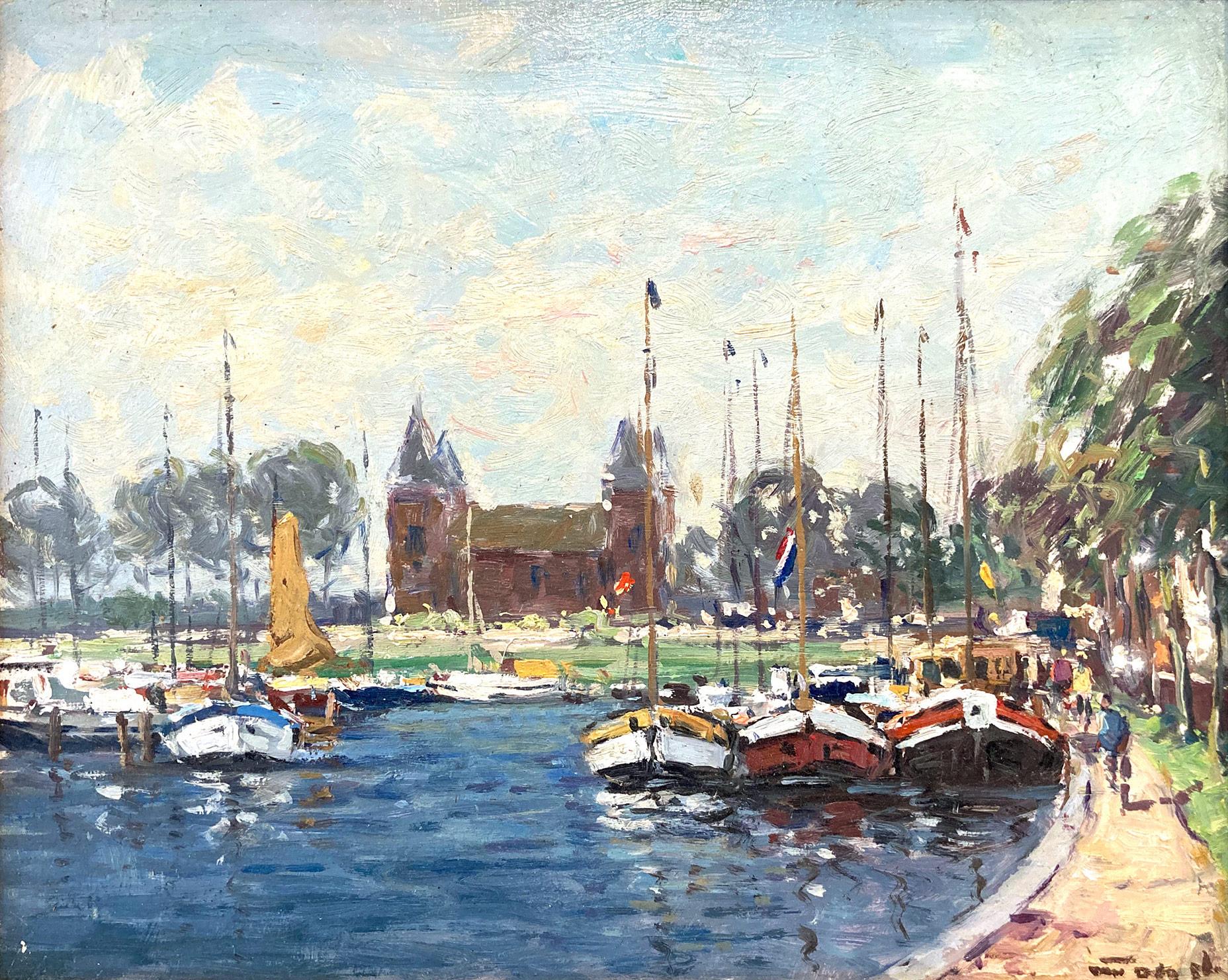 Peinture à l'huile impressionniste deven van Muiden représentant des personnages et des bateaux à Marina - Painting de Niek van der Plas