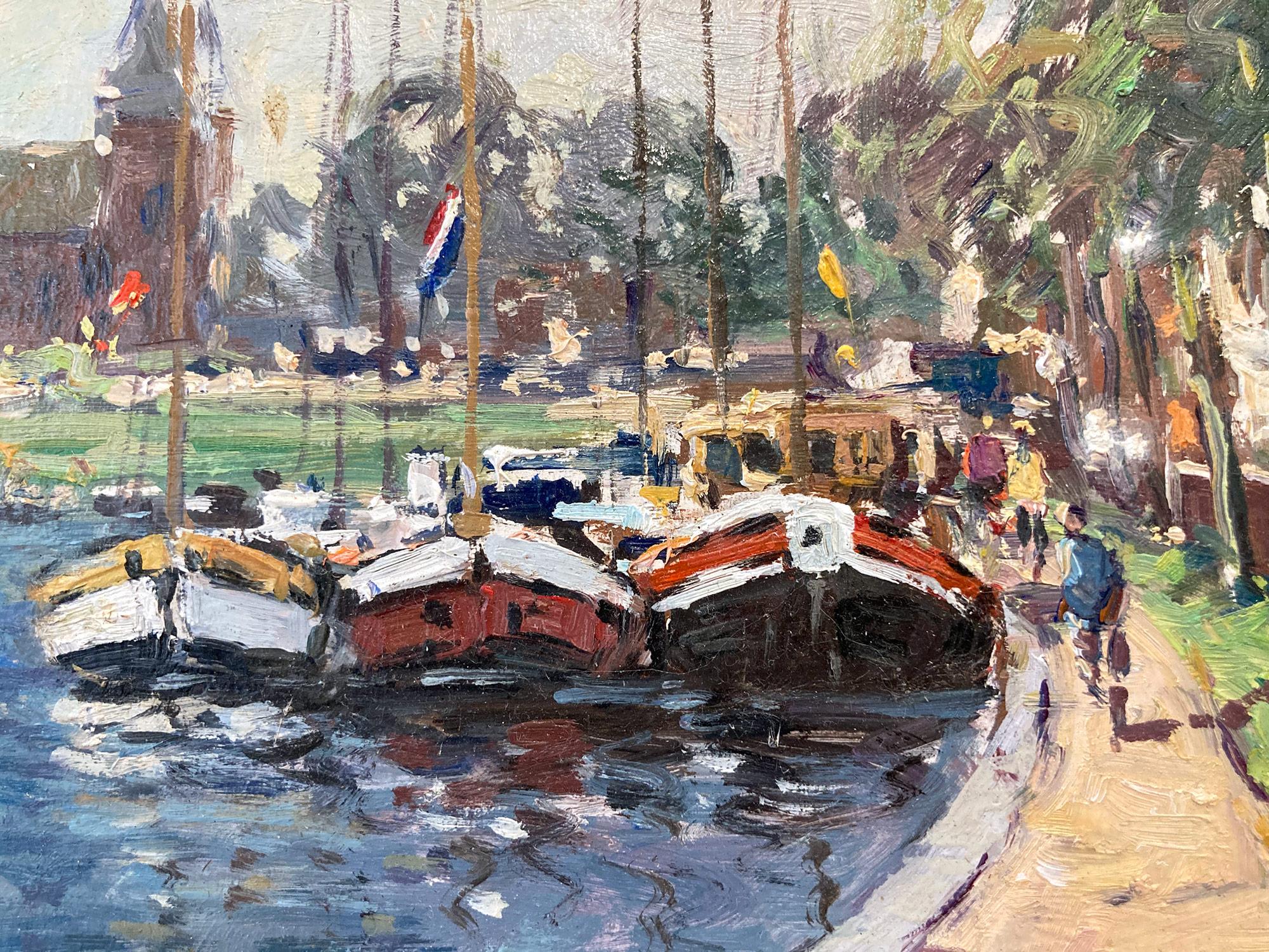 Peinture à l'huile impressionniste deven van Muiden représentant des personnages et des bateaux à Marina - Post-impressionnisme Painting par Niek van der Plas