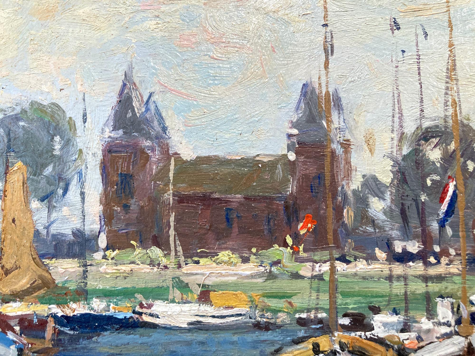 This captivating dock scene in the Port of Muiden, Netherlands is a remarkable display of Van der Plas's true passion for outdoor genre paintings. A wonderfully rich boats scene executed in the 21st Century depicting figures walking along the docks.