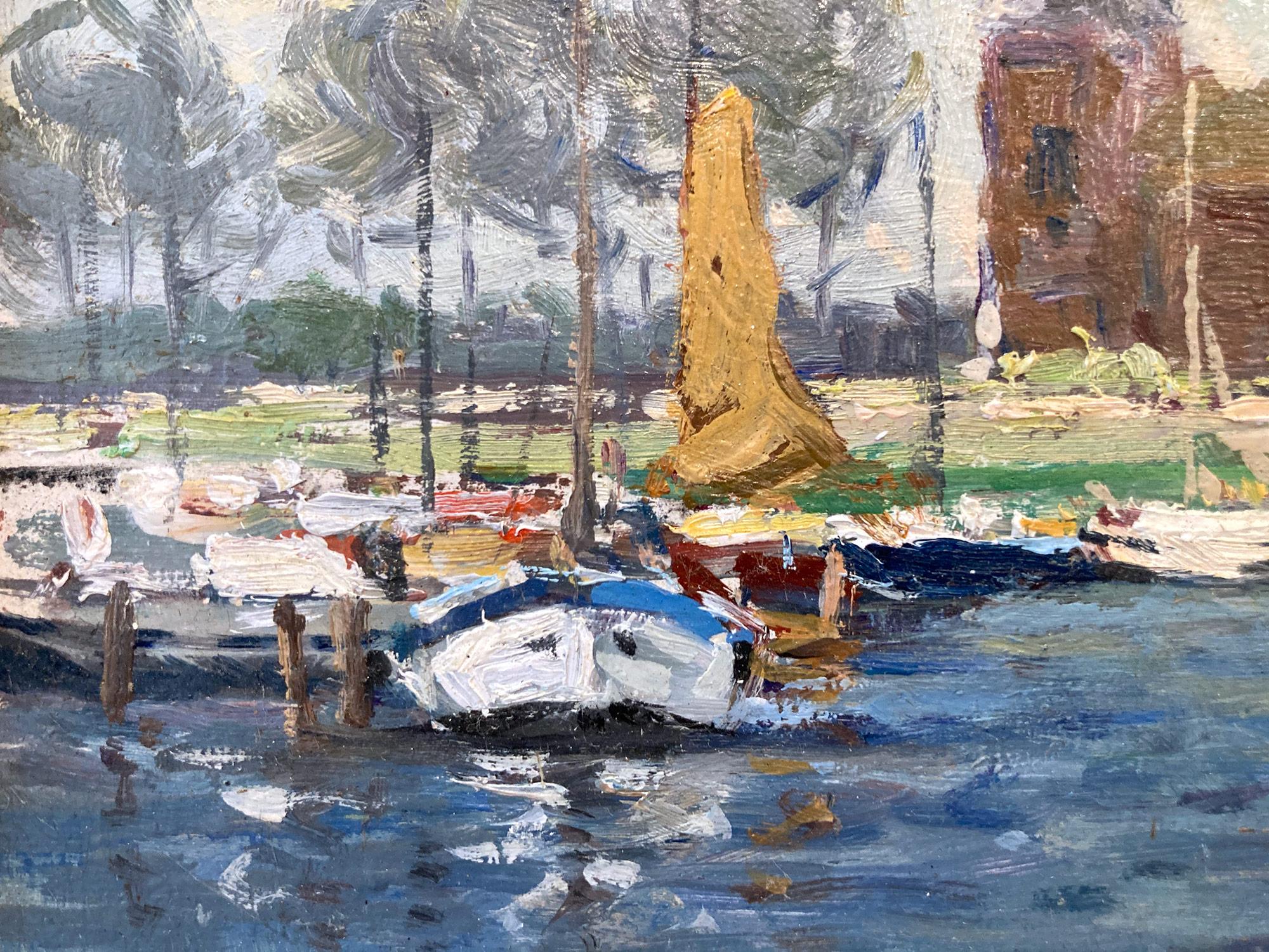 Peinture à l'huile impressionniste deven van Muiden représentant des personnages et des bateaux à Marina en vente 2