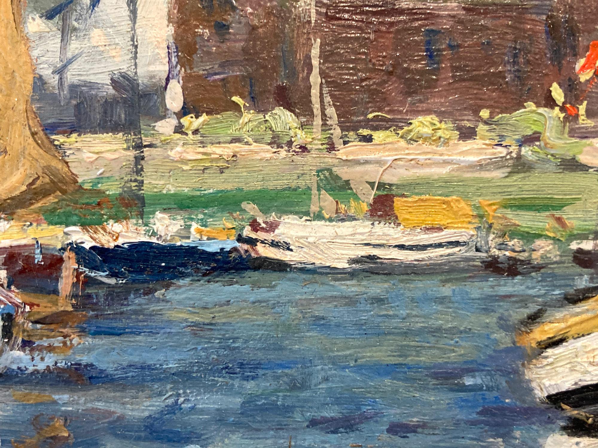 Peinture à l'huile impressionniste deven van Muiden représentant des personnages et des bateaux à Marina en vente 4