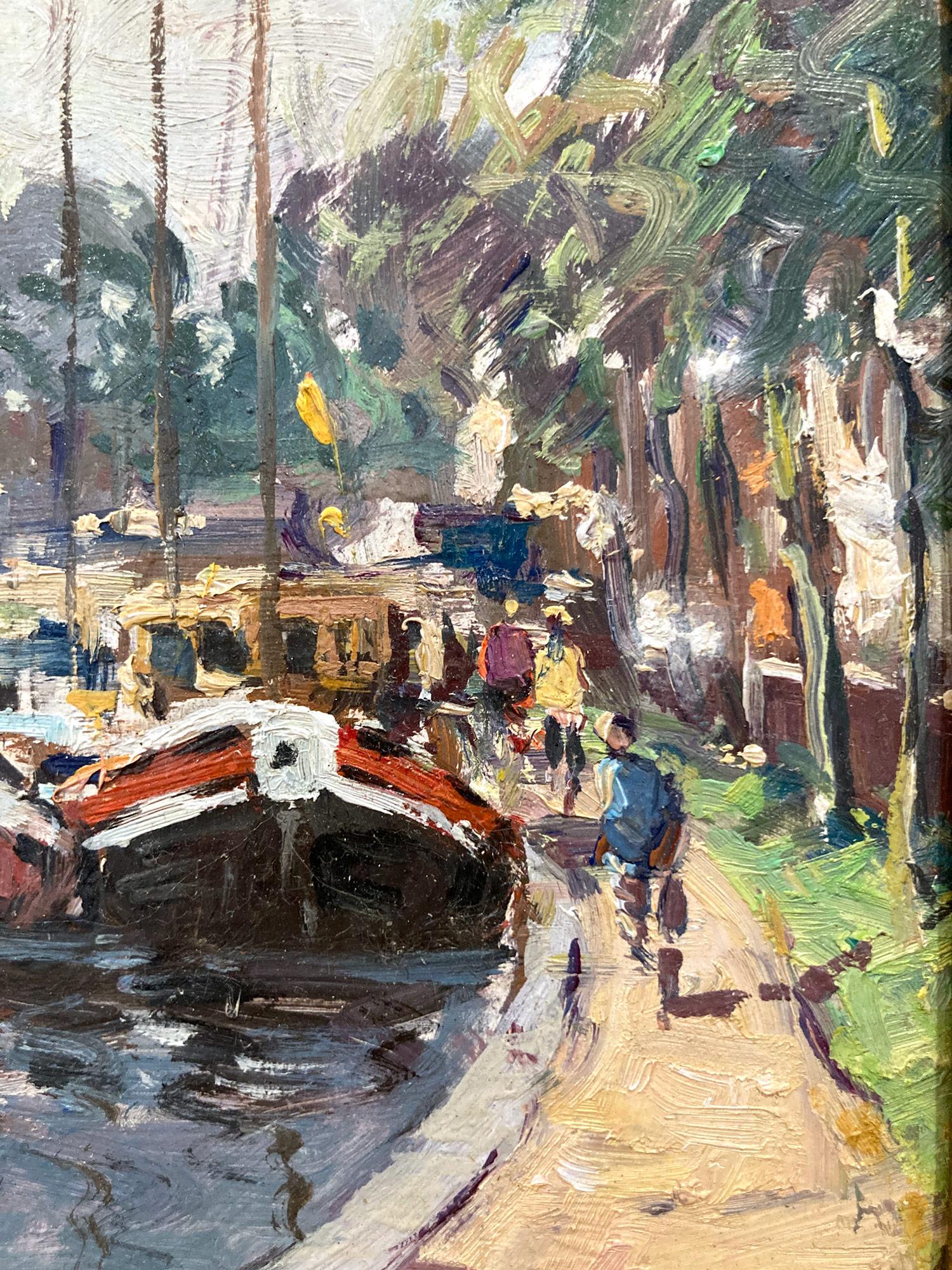 Peinture à l'huile impressionniste deven van Muiden représentant des personnages et des bateaux à Marina en vente 3