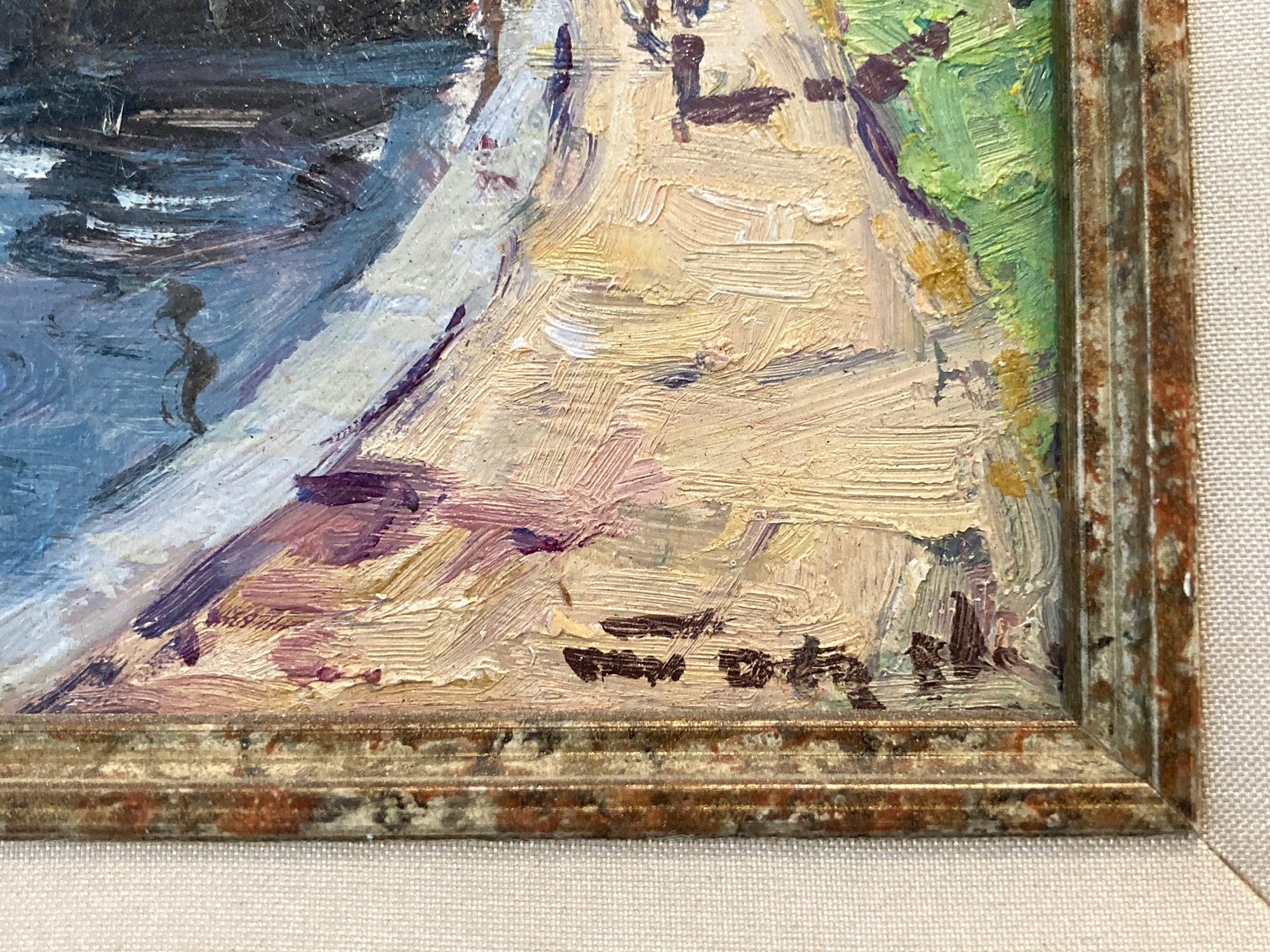Peinture à l'huile impressionniste deven van Muiden représentant des personnages et des bateaux à Marina en vente 5