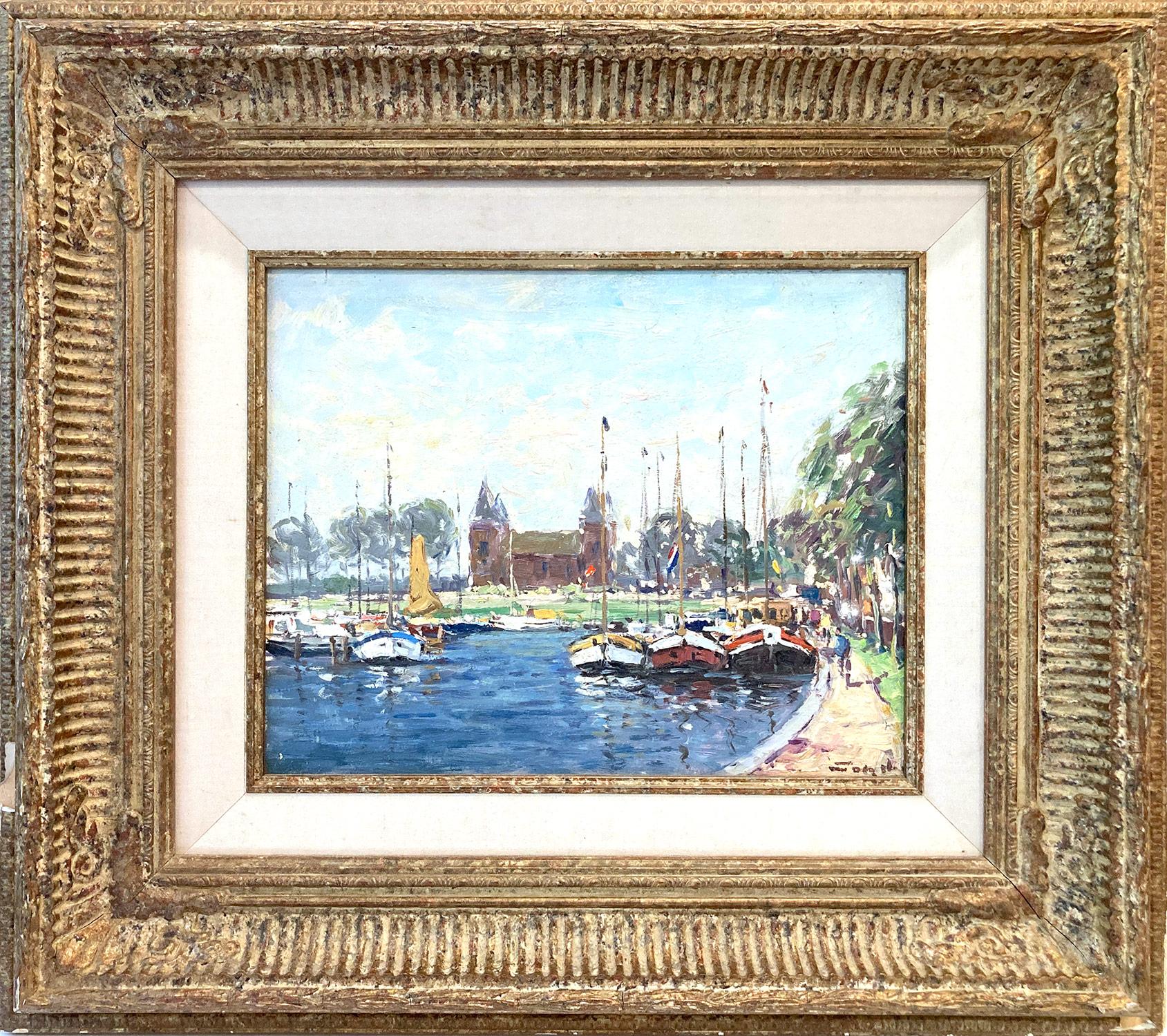 "Along the Beach" Impressionist Oil Painting with Figures and Boats along Docks