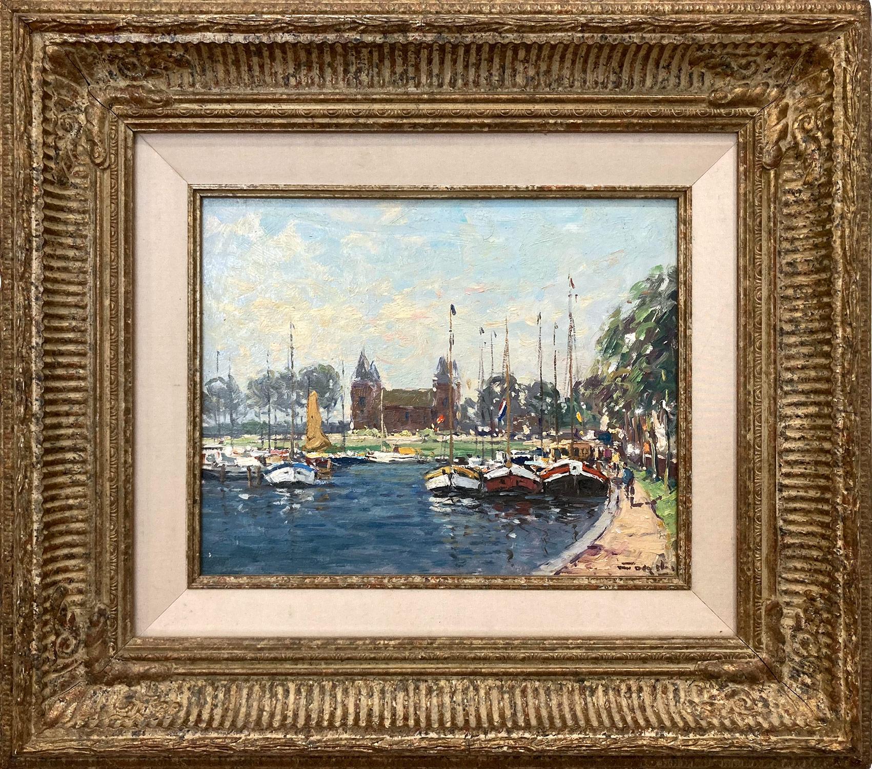 "Haven van Muiden" Impressionist Oil Painting with Figures and Boats at Marina