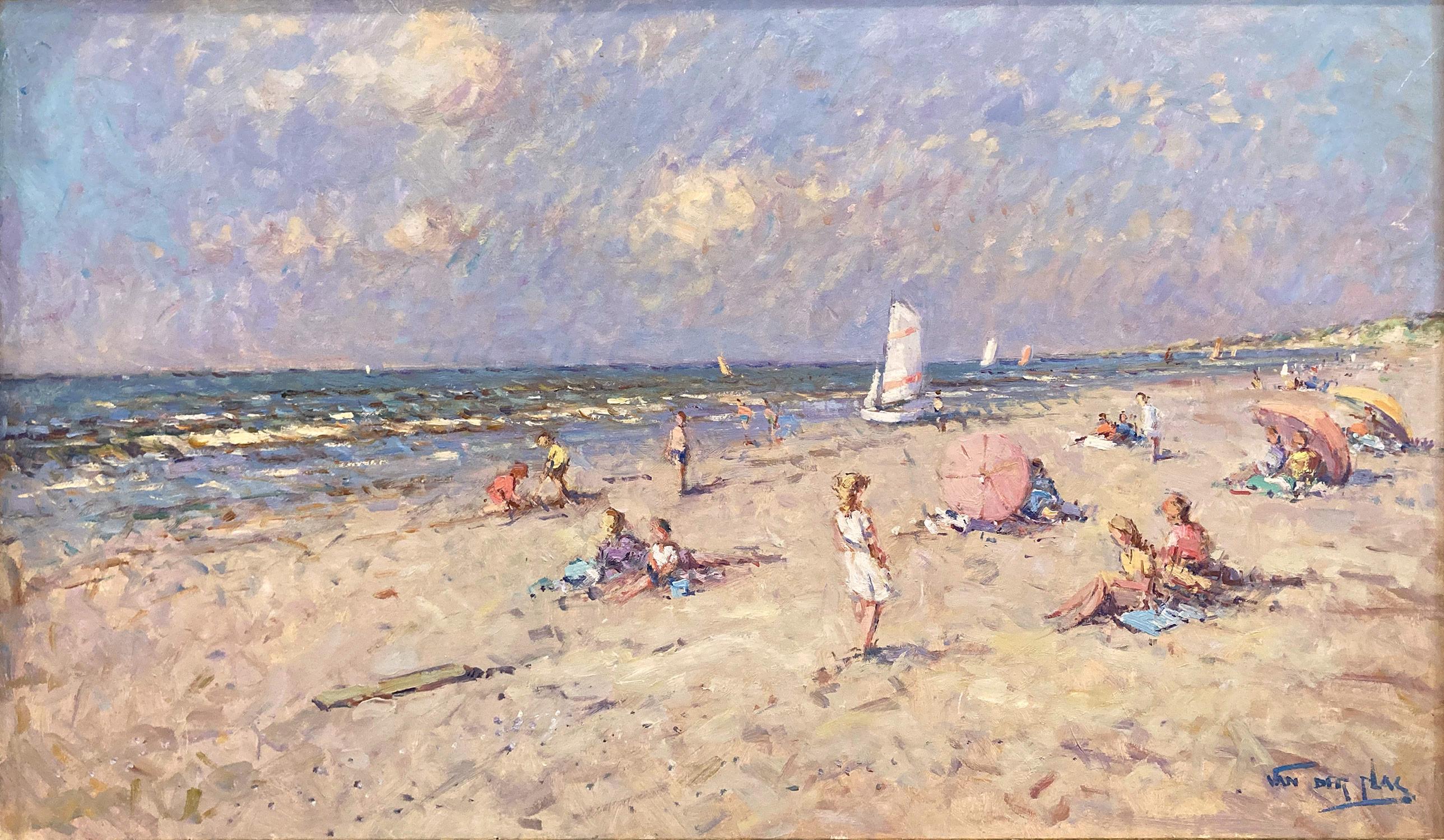 This captivating summer day beach scene is a remarkable display of Van der Plas's true passion for outdoor genre paintings. A wonderfully rich beach scene executed in the 21st Century depicting figures and umbrellas in the sand with Sailboats in the