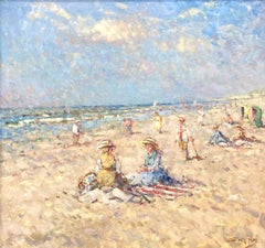 "Beach Scene with Figures & Sailing Boats" Impressionist Oil Painting Landscape