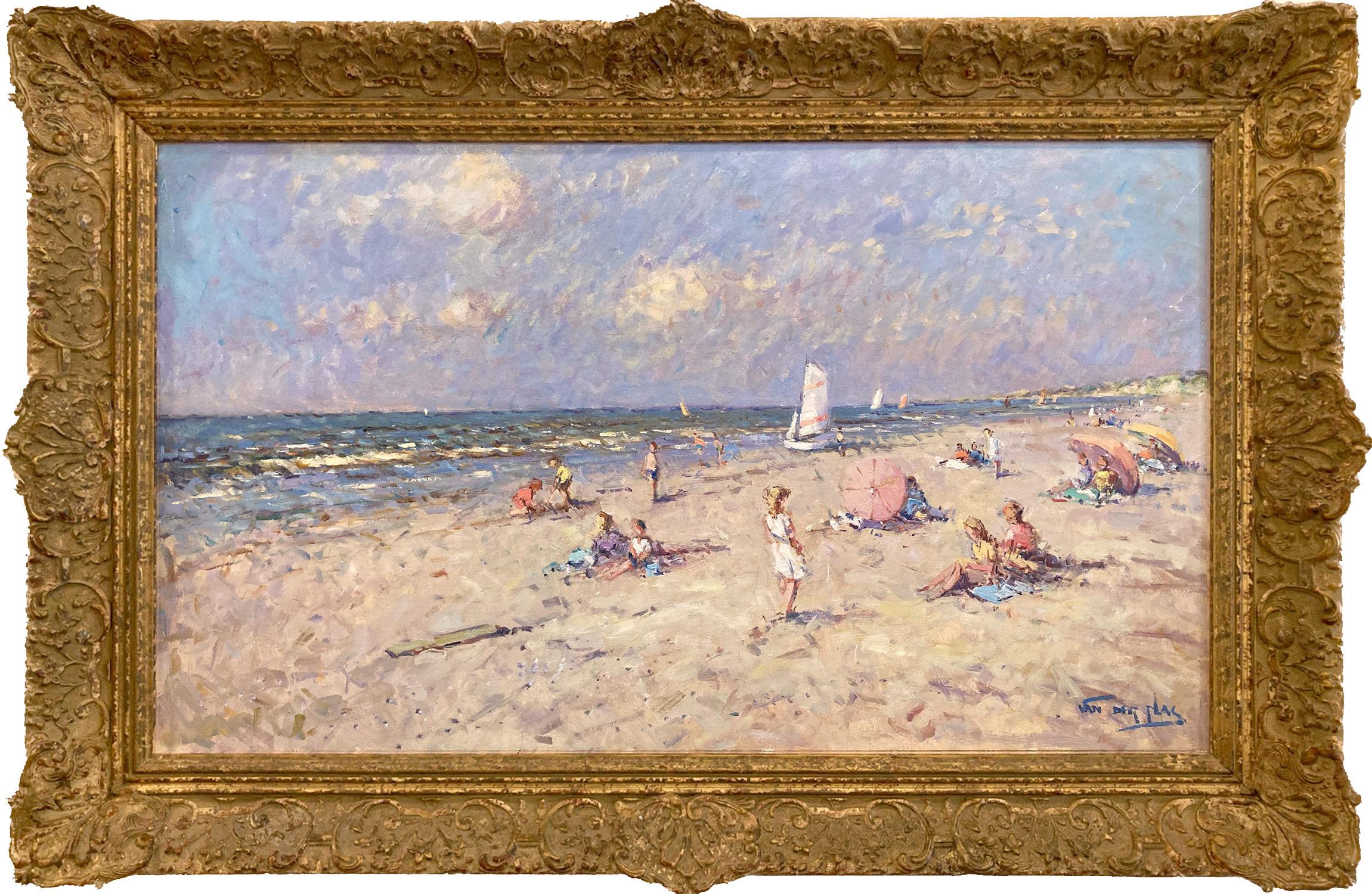 Niek van der Plas Figurative Painting - "Beach Scene with Figures & Sailing Boats" Impressionist Oil Painting Landscape