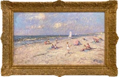 "Scène de plage avec personnages et bateaux à voile" Peinture à l'huile impressionniste Paysage