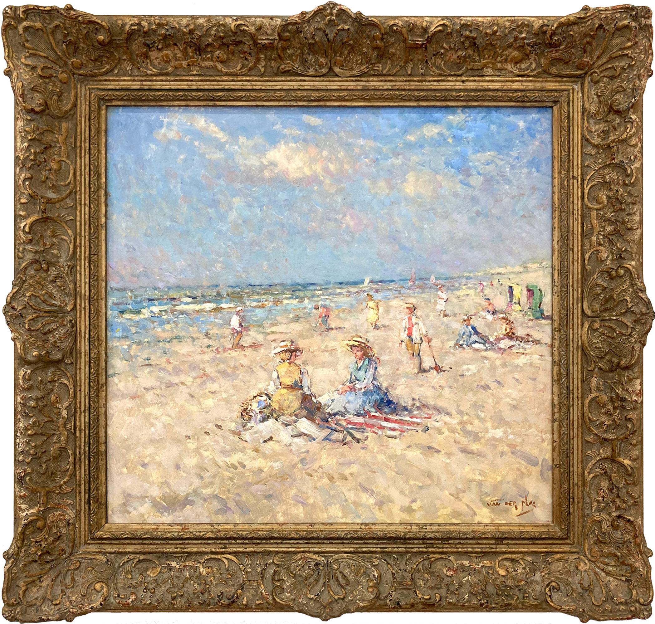 "Strandszene mit Figuren und Segelbooten" Impressionistisches Ölgemälde Landschaft