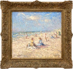 "Beach Scene with Figures & Sailing Boats" Impressionist Oil Painting Landscape