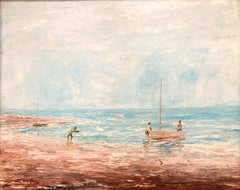 "Boote am Strand" Impressionistisches Ölgemälde mit Figuren und Booten auf dem Wasser