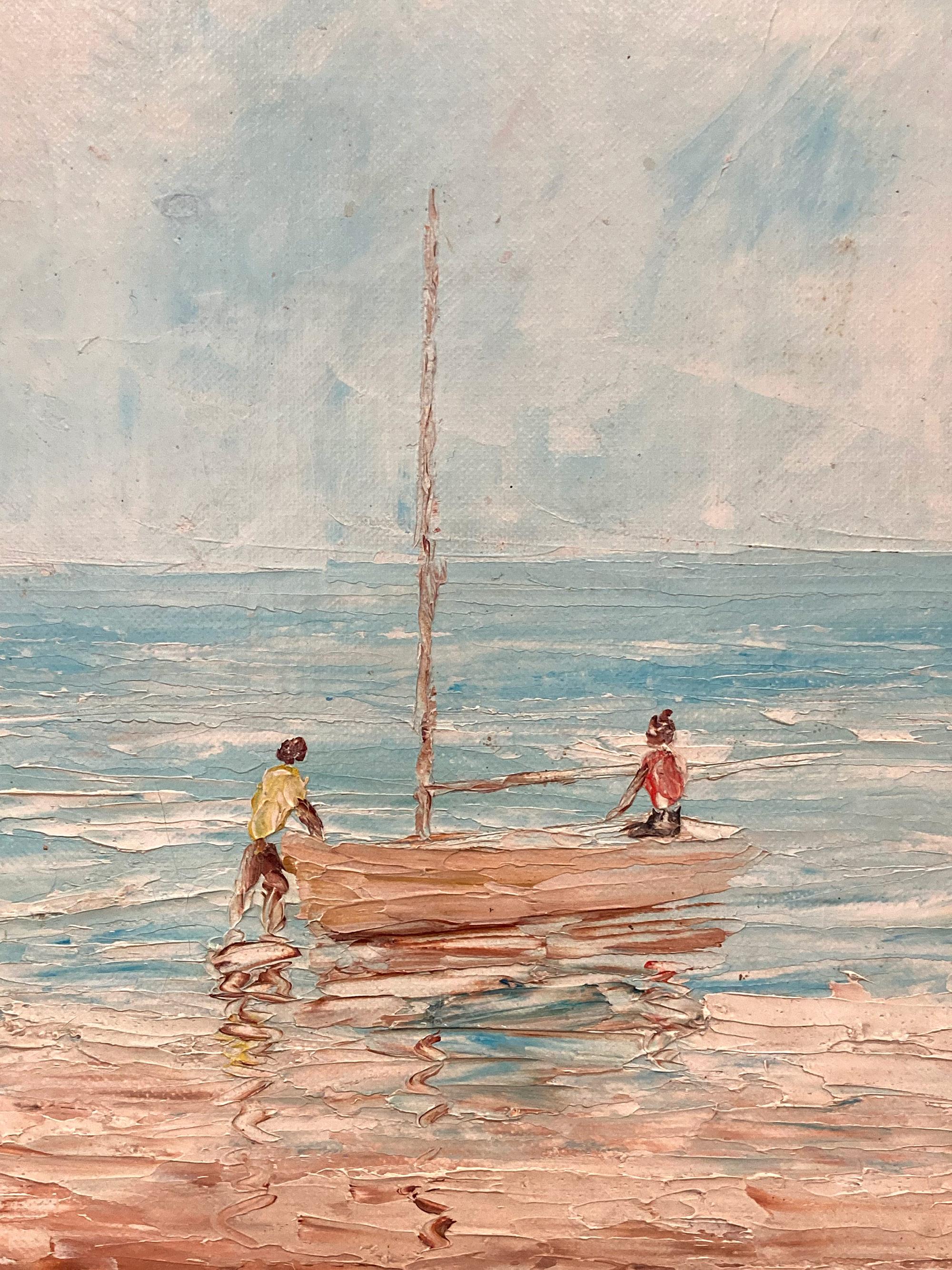 This captivating scene in the beach in the Netherlands is a remarkable display of Van der Plas's true passion for outdoor genre paintings. A wonderfully rich boats scene executed in the 21st Century depicting figures getting ready to sail. The