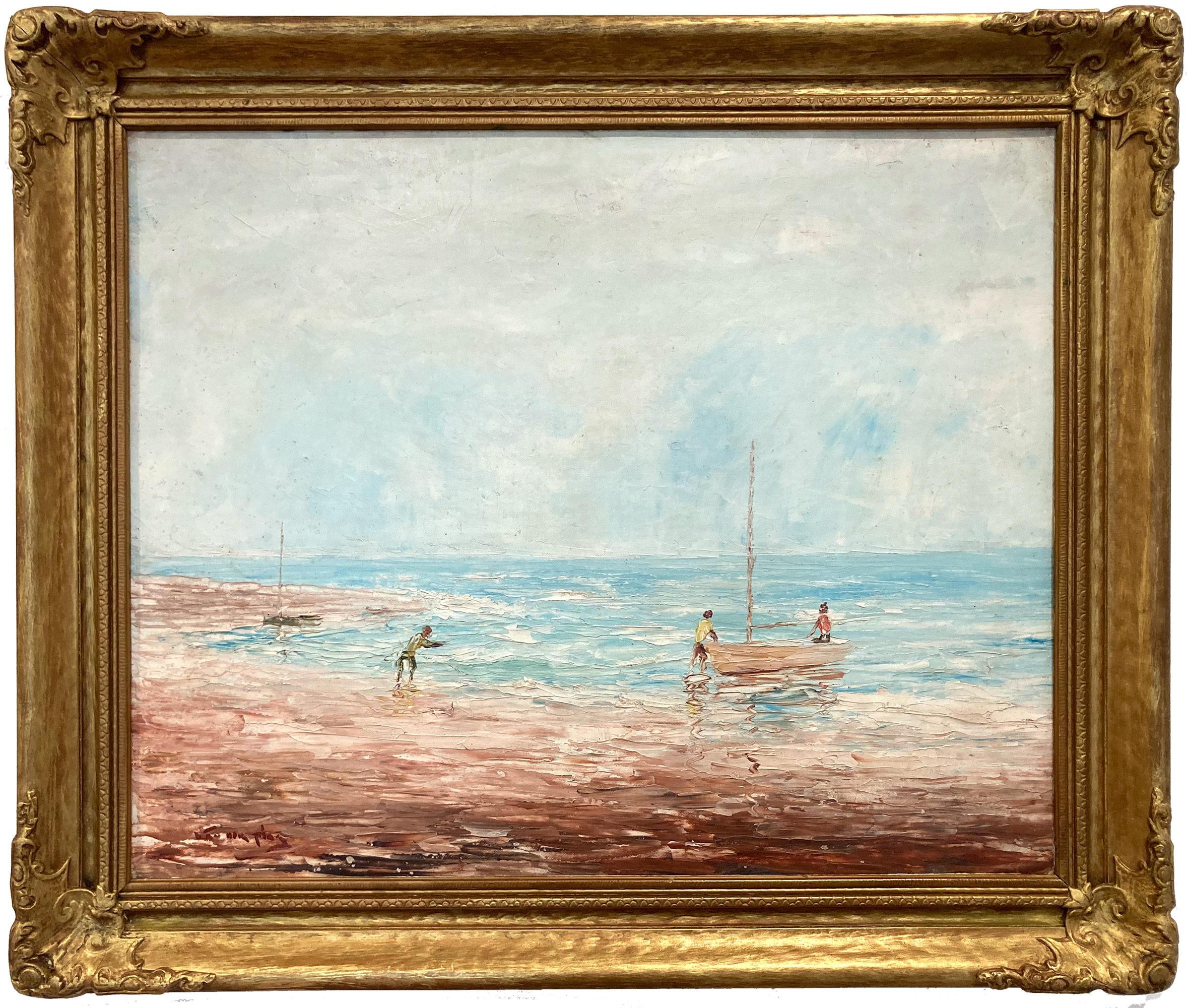 Niek van der Plas Landscape Painting - "Boats on the Beach" Impressionist Oil Painting with Figures & Boats on Water