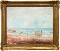 "Boats on the Beach" Impressionist Oil Painting with Figures & Boats on Water